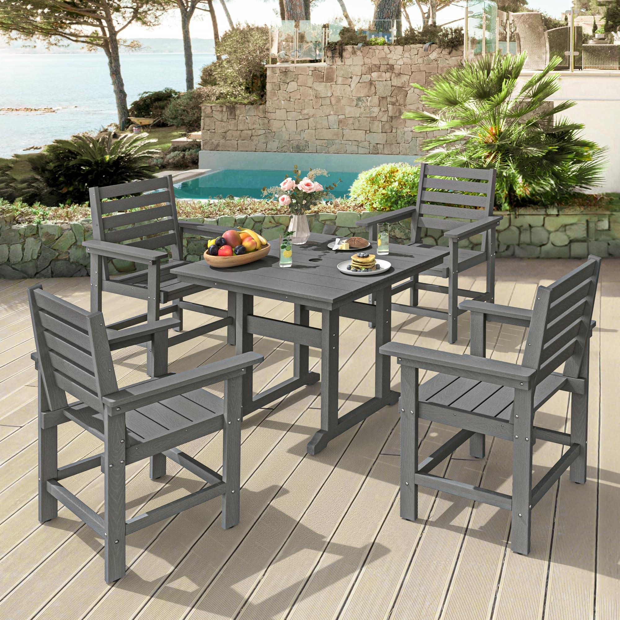 Homenjoy Patio Table and Chairs Set 5 Pieces, HDPE Weather Resistant Outdoor Dining Set with 1.95 Umbrell Hole, Square Outdoor D