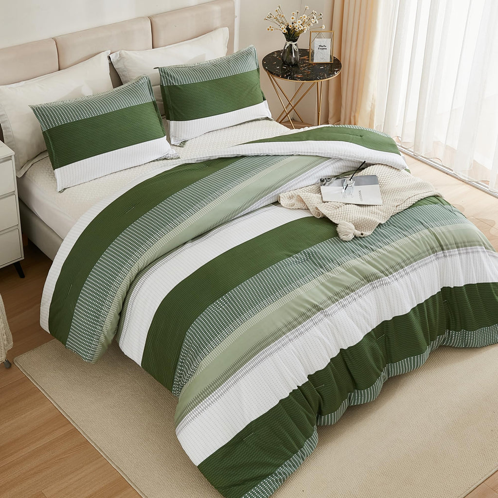 Litanika Olive Green Comforter Set King - 3 Pieces Lightweight Olive Green White Colorblock Stripe Fluffy Bedding Comforter Sets
