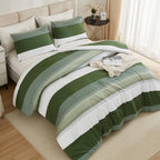 Litanika Olive Green Comforter Set King - 3 Pieces Lightweight Olive Green White Colorblock Stripe Fluffy Bedding Comforter Sets