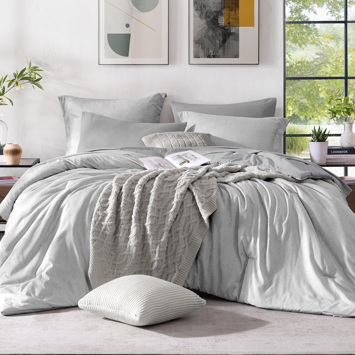 Monbix Full Size Comforter Set, Grey Bedding Comforter For Full Size Bed Set Reversible, Bedding Sets Full 7 Pieces, Cationic Dy