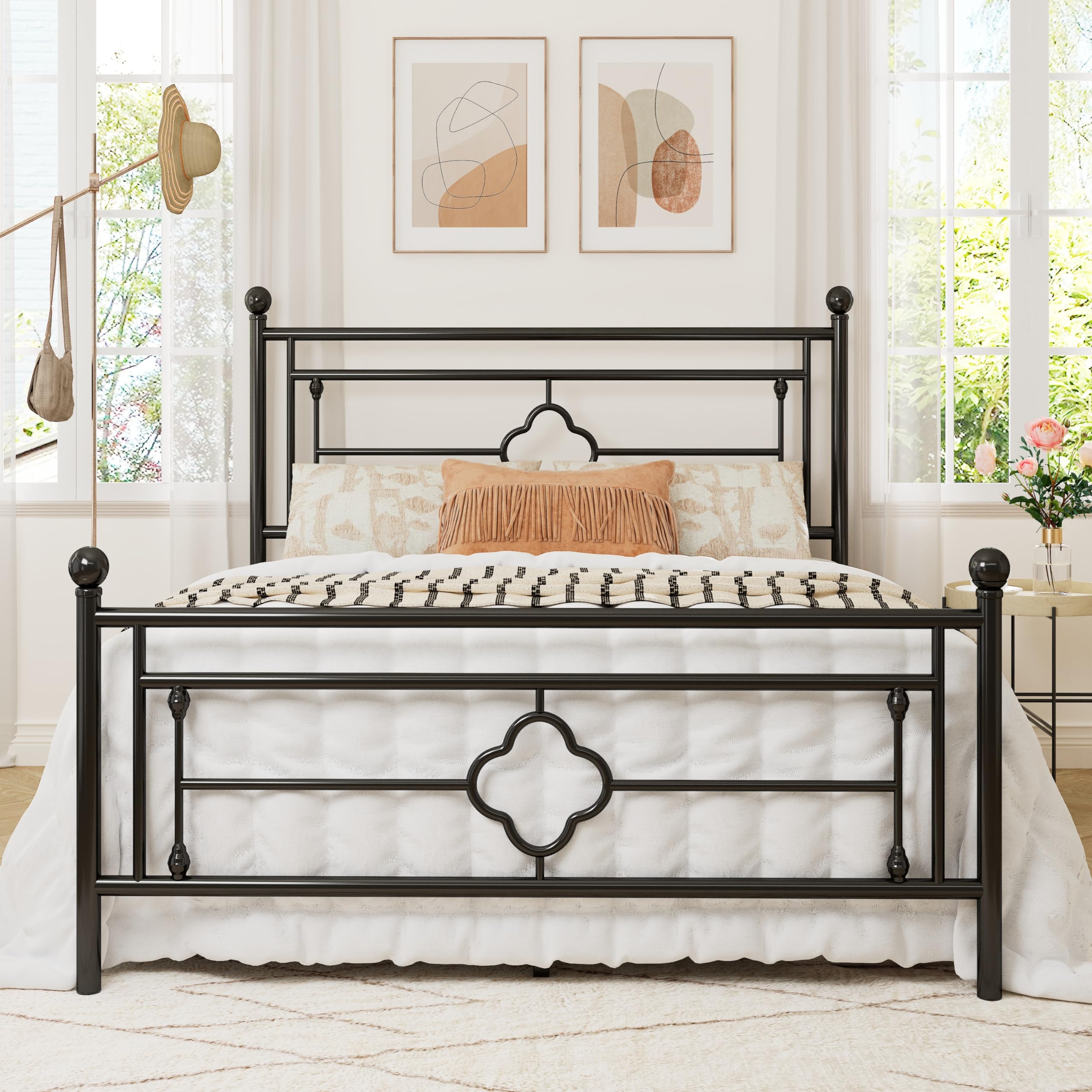 Allewie Queen Size Metal Platform Bed Frame With Victorian Vintage Headboard And Footboard/Mattress Foundation/Under Bed Storage/No Box Spring Needed/Noise-Free/Easy Assembly, Black