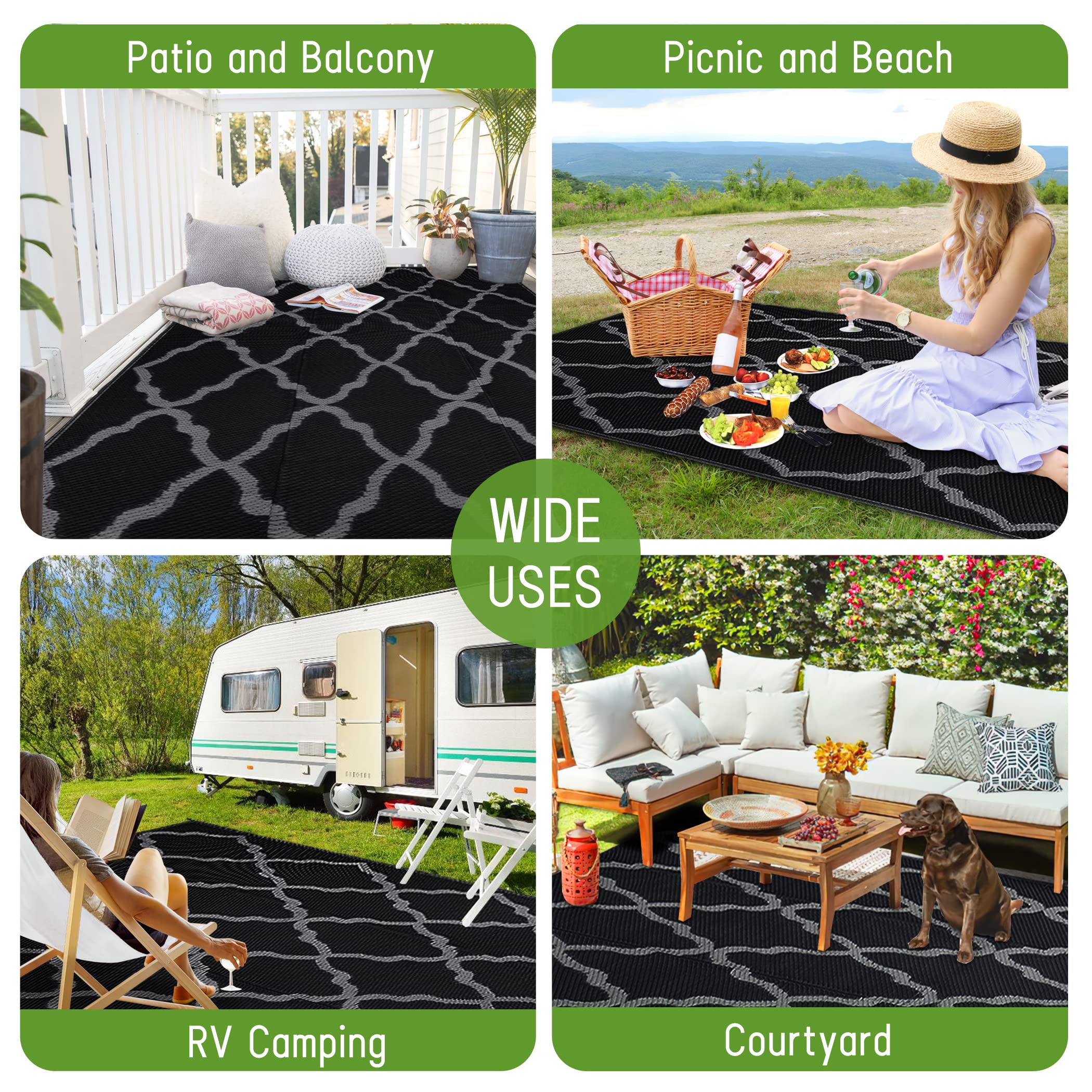 Easy-Going Reversible Outdoor Rugs 5X8Ft Waterproof Plastic Straw Rug Stain & Uv Resistant Floor Mat For Patio Porch Rv Backyard Pool Deck Picnic Beach Trailer Camping (Moroccan Black & Grey)