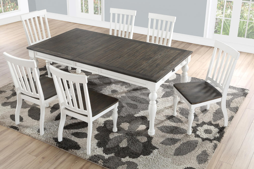 Steve Silver Co Classic Farmhouse Extendable Dining Plank Effect Top, Turned Legs, White Table, 80" L x 40" W x 30" H, Two-tone Ivory and Charcoal