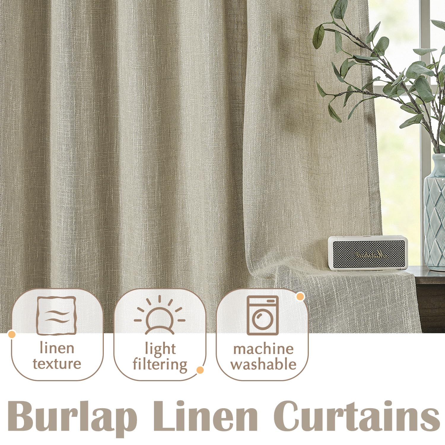 Jinchan Burlap Look Curtains 96 Inches Long Linen Textured Curtains For Living Room Light Filtering Farmhouse Curtains Rod Pocke
