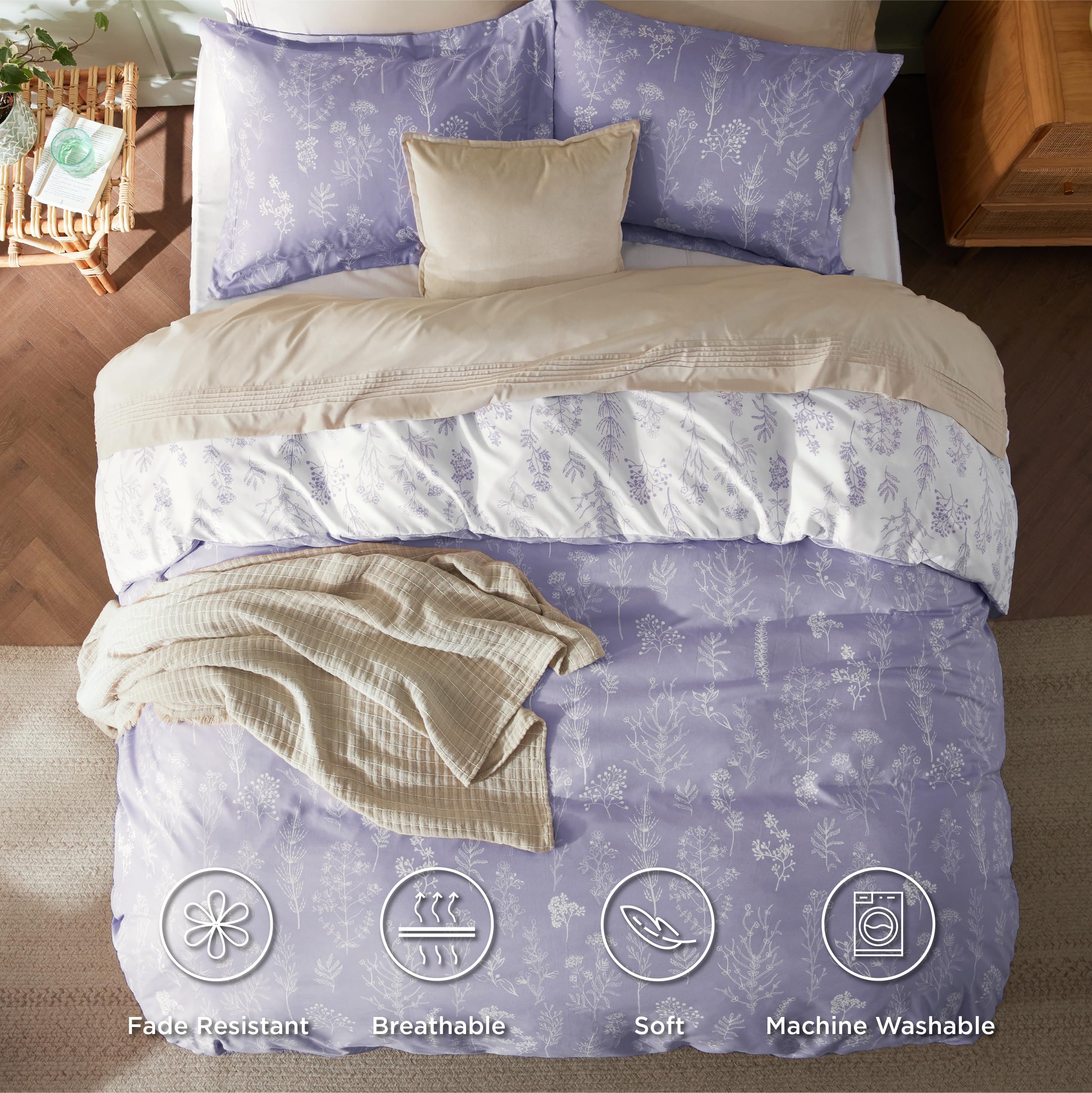 Bedsure Twin Duvet Cover Kids - Reversible Purple Floral Botanical Duvet Cover Set, Cute Bedding Set With Zipper Closure & 8 Corner Ties, 1 Kids' Duvet Cover (68'X90') & 1 Pillow Sham (20'X26')