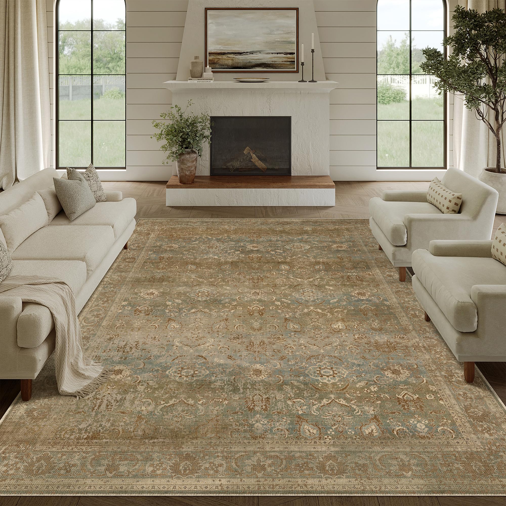 PureCozy Vintage Area Rug 8x10 Washable Brown Living Room Carpet Large Indoor Non Slip Bedroom Low Pile Kitchen Distressed Retro