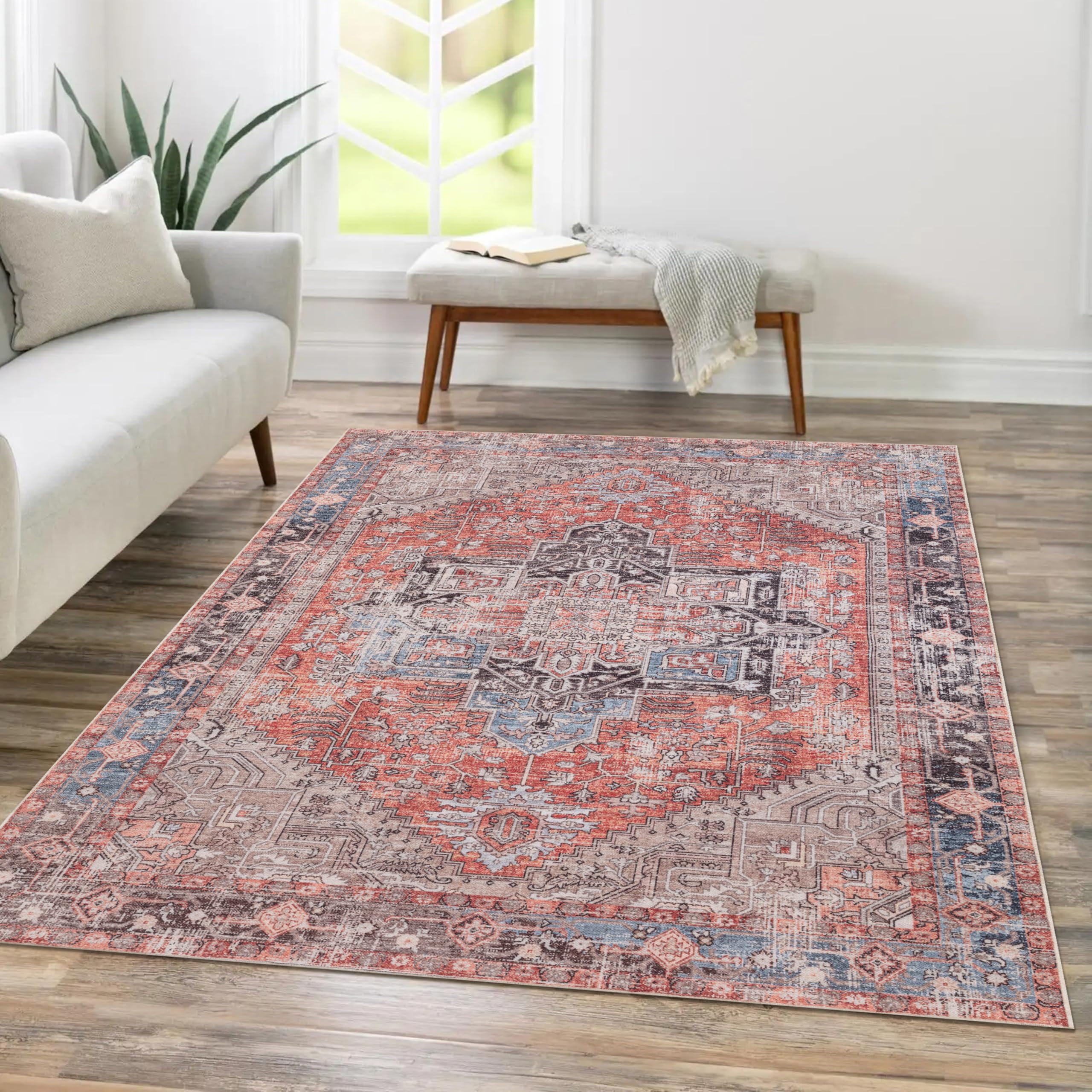 Kaspene Home Brick Red Washable Rug, Kid and Pet Friendly, Non-Slip, High Traffic Durable, Great for Living Room, Bedroom, Compl
