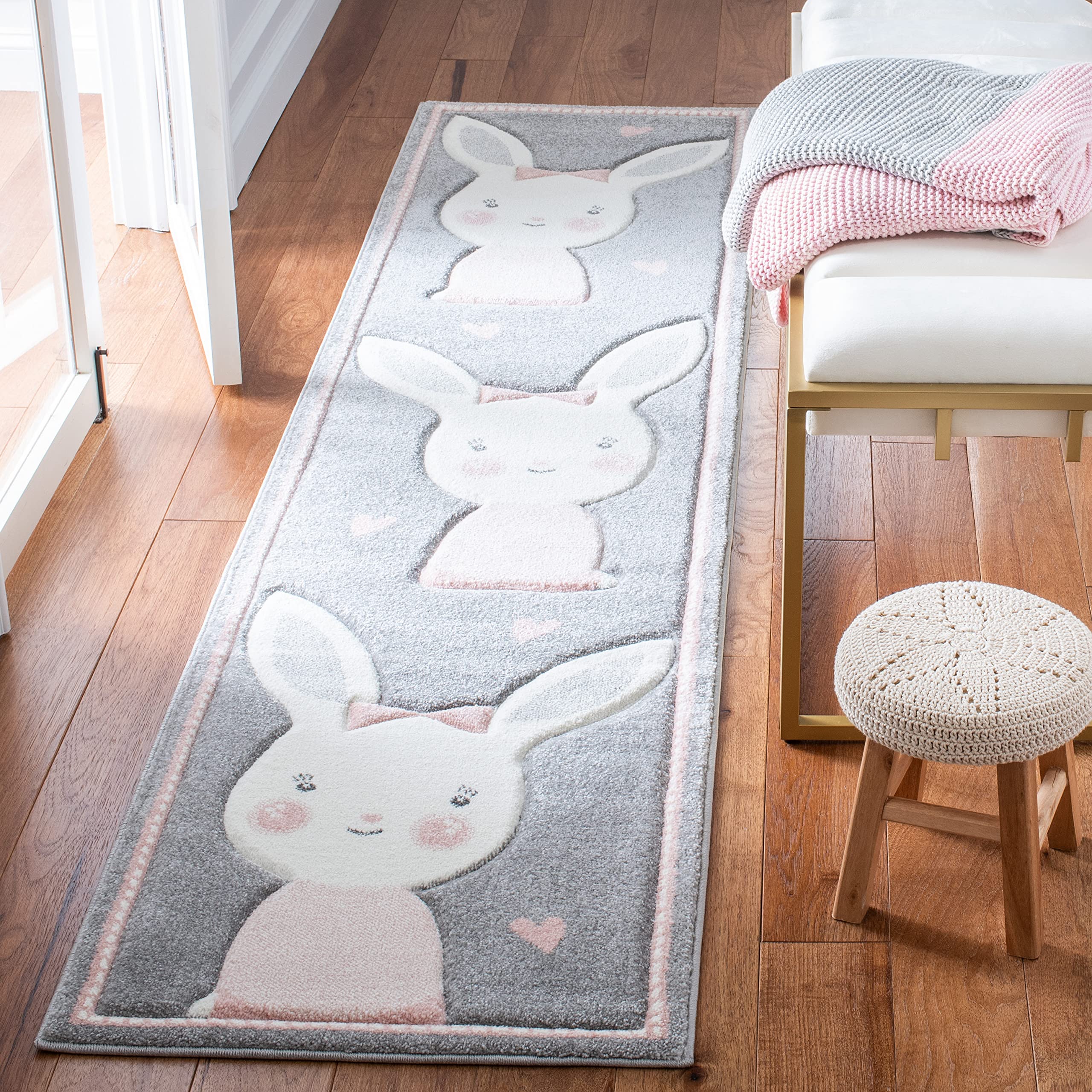 SAFAVIEH Carousel Kids Collection Runner Rug - 2 x 8, Grey & Ivory, Bunny Design, Non-Shedding & Easy Care, Ideal for High Tra