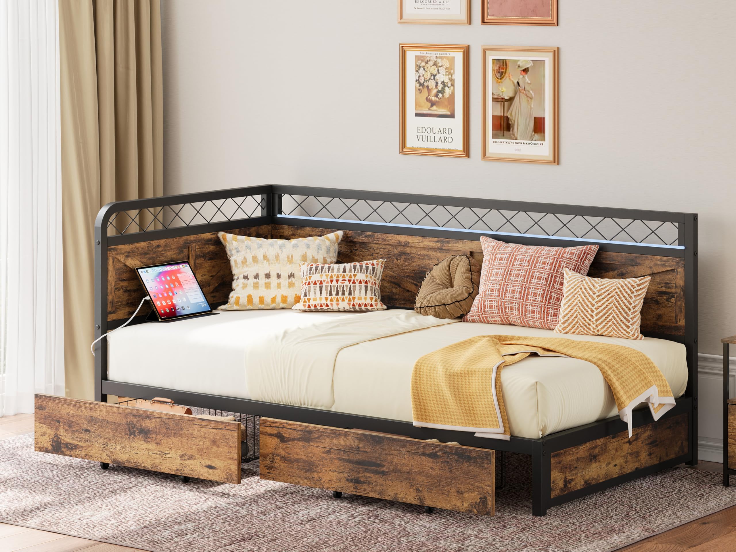 ANCTOR Twin Daybed with Storage Drawers, Corner Bed Frame with LED Lights and Charging Station for Living Room, Bedroom and Gues