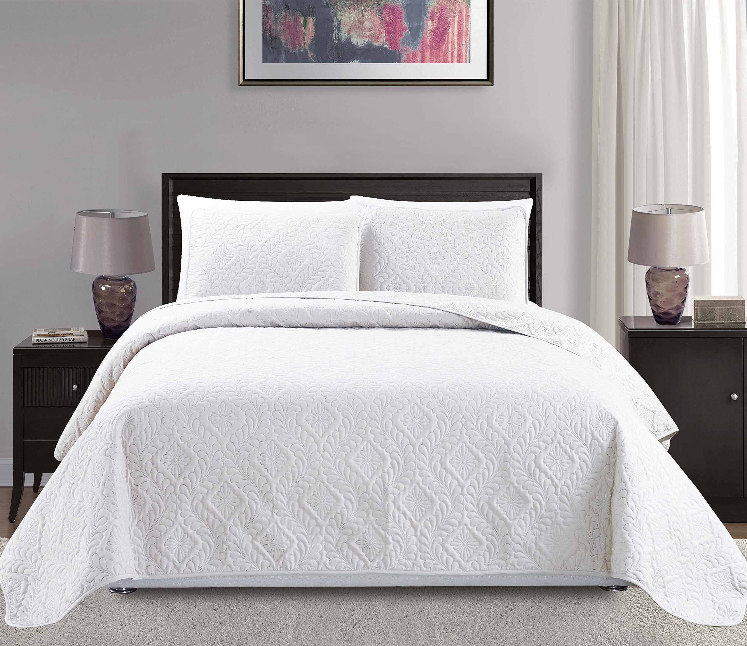 Mk Collection 3Pc Full/Queen Over Size Diamond Bedspread Bed Cover Embossed Solid White New