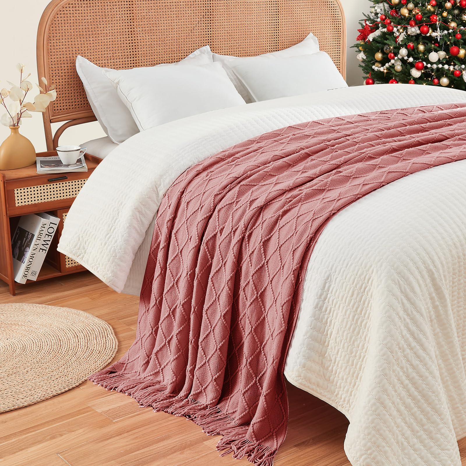 Inhand Knitted Throw Blankets For Couch And Bed, Soft Cozy Knit Blanket With Tassel, Coral Pink Lightweight Decorative Blankets