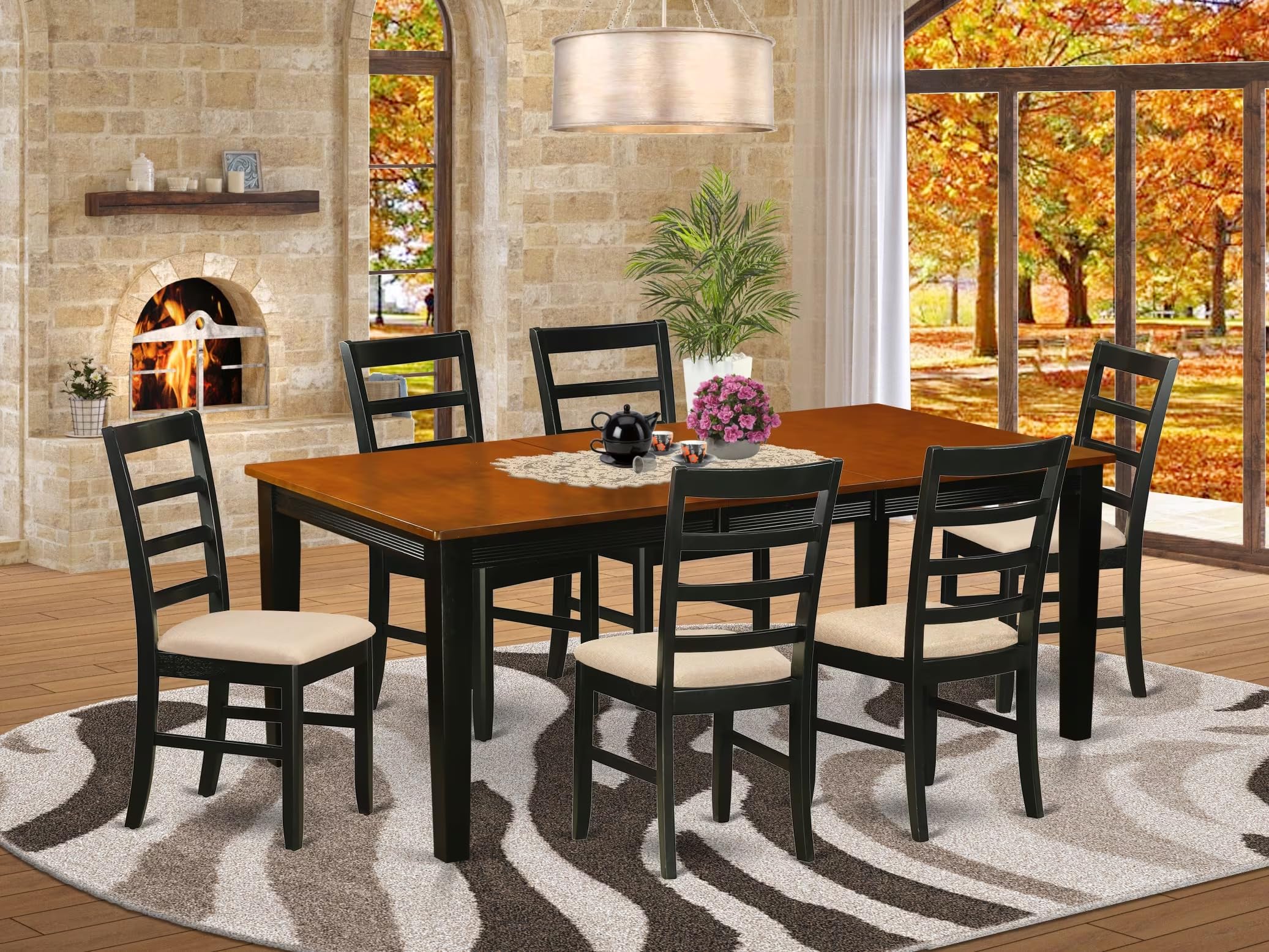 East West Furniture QUPF7-BCH-C 7 Piece Dining Table Set Consist of a Rectangle Dining Room Table with Butterfly Leaf and 6 Linen Fabric Upholstered Chairs, 40x78 Inch, Black & Cherry