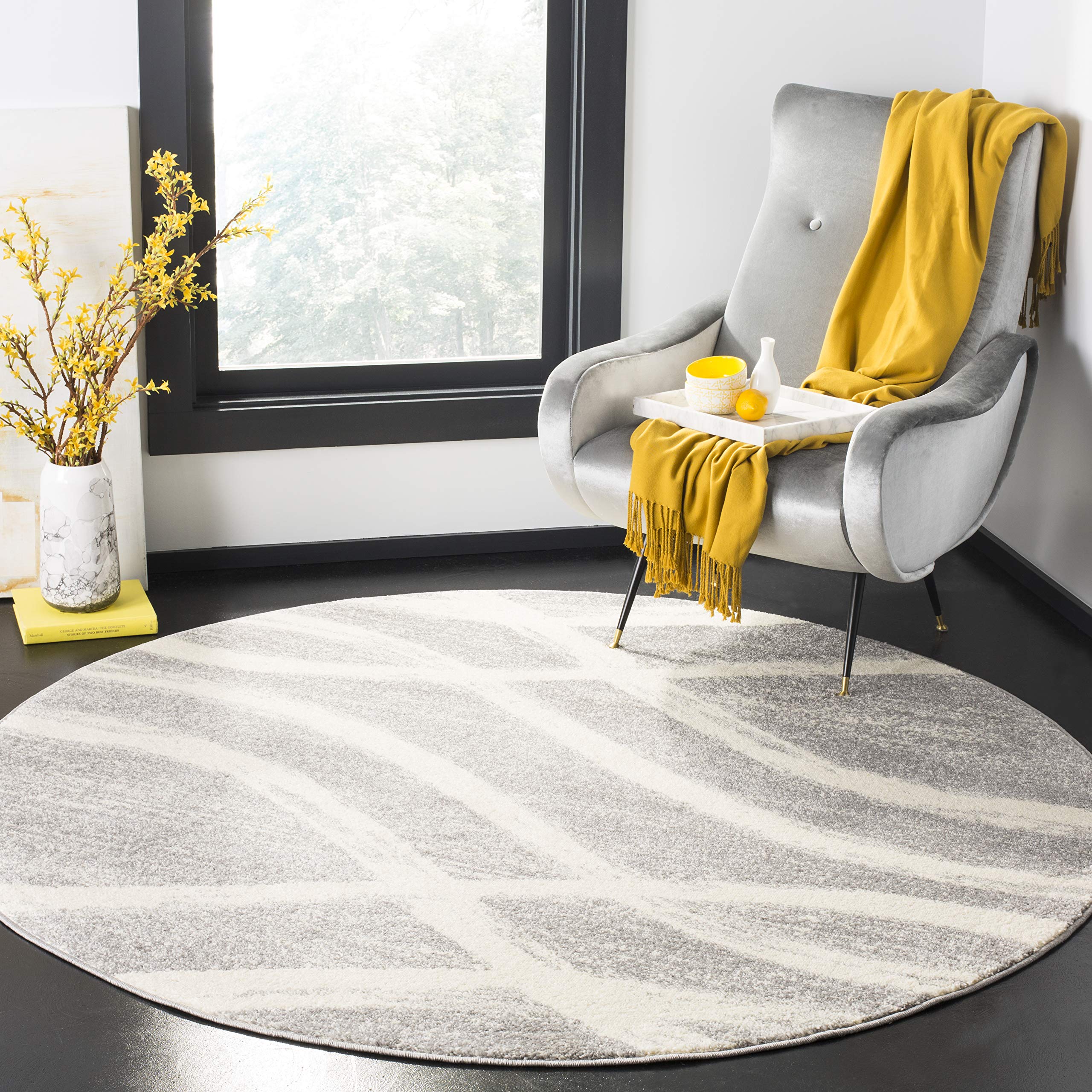 SAFAVIEH Adirondack Collection 4 Round Grey / Cream ADR125B Modern Wave Distressed Non-Shedding Dining Room Entryway Foyer Livi