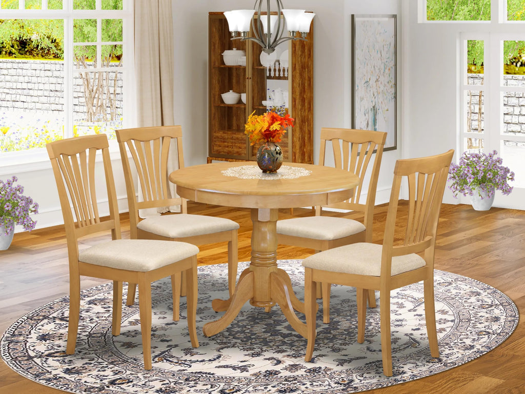 East West Furniture ANAV5-OAK-C 5 Piece Kitchen Table Set for 4 Includes a Round Dining Table with Pedestal and 4 Linen Fabric Dining Room Chairs, 36x36 Inch, Oak