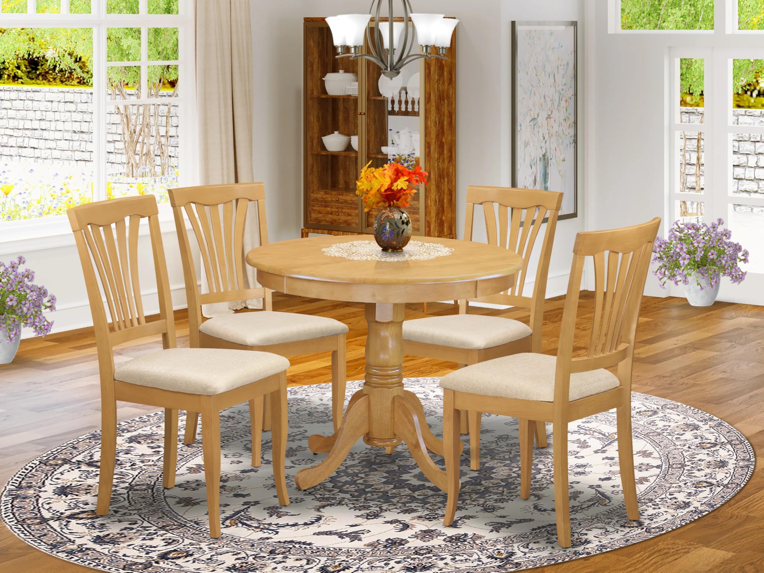 East West Furniture ANAV5-OAK-C 5 Piece Kitchen Table Set for 4 Includes a Round Dining Table with Pedestal and 4 Linen Fabric Dining Room Chairs, 36x36 Inch, Oak