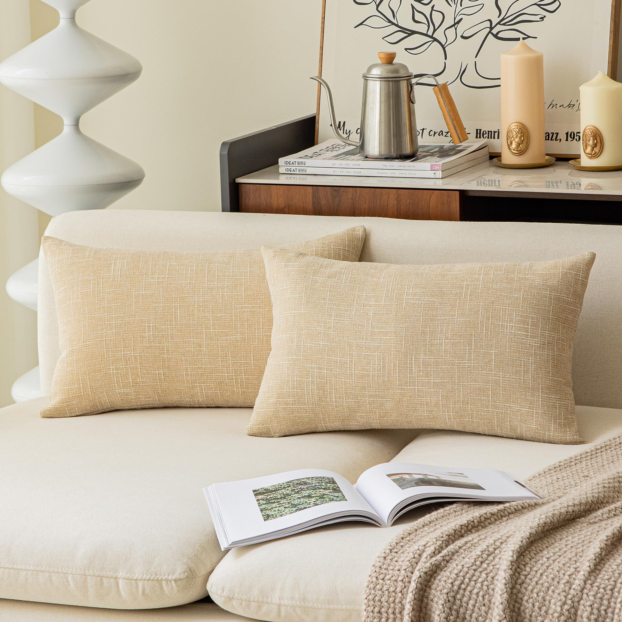 Kevin Textile Lumbar Throw Pillow Cover Both Sides Faux Linen Soft Solid Decorative Rectangular Cushion Case For Bedroom/Car, 2