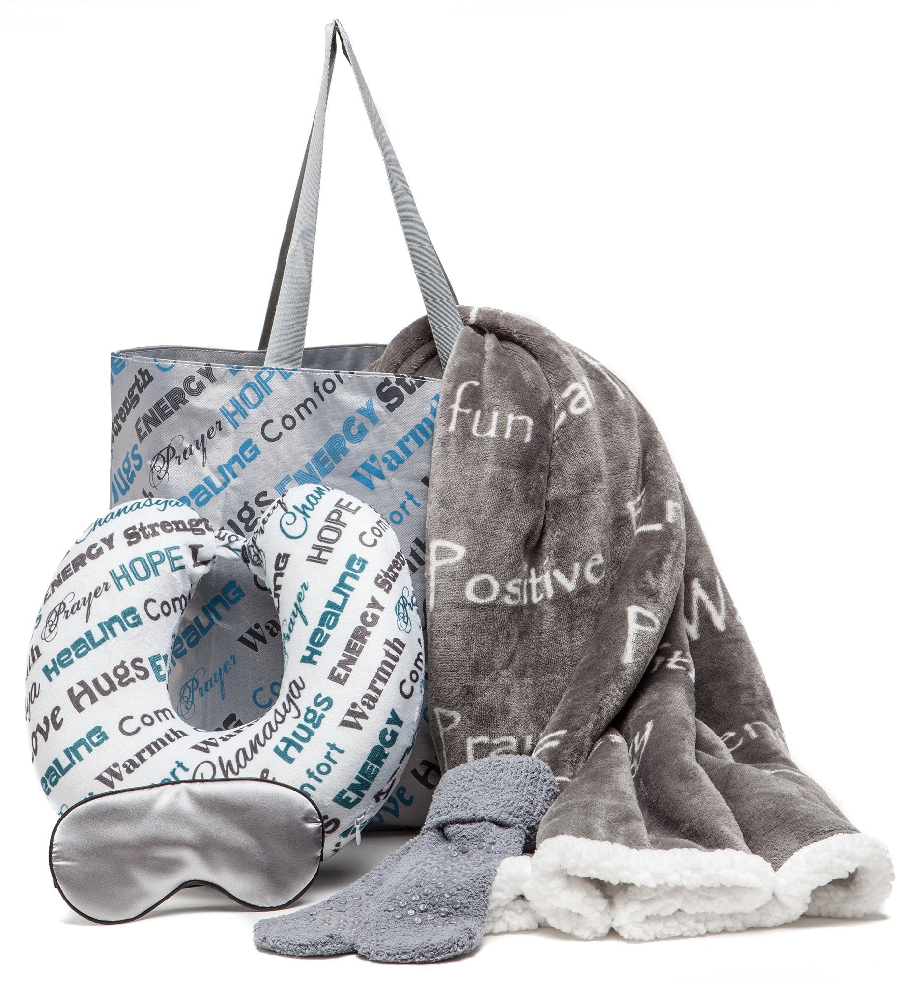 Chanasya Premium Care Gift Package - Throw Blanket, Neck Pillow, Eye Mask, Tote Bag, Socks - 50    X 65    - 5-Piece Set, Gray