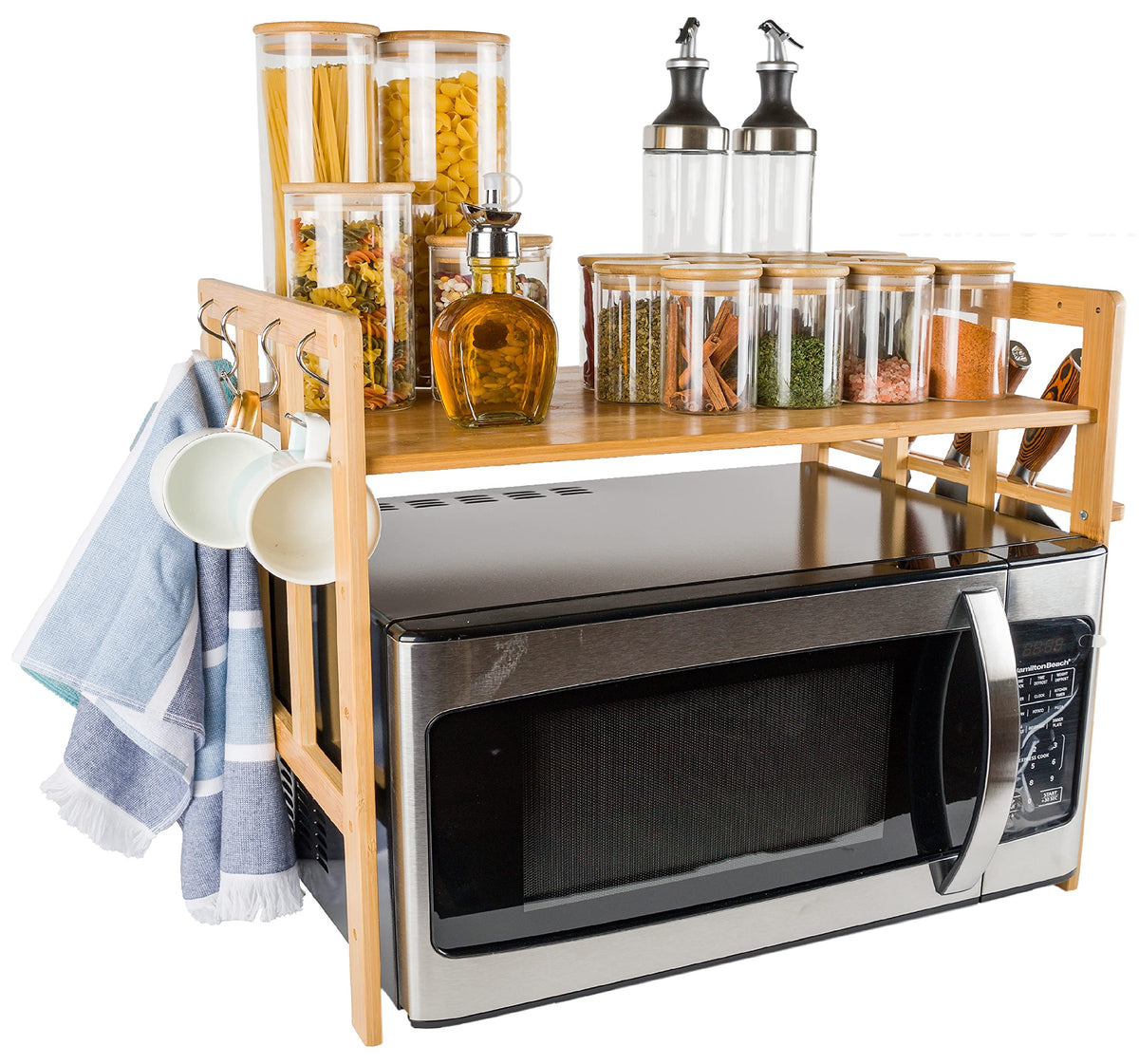 BAMBOO LAND- Bamboo Microwave Oven Rack with Hooks and Built-In Knife Holder, Microwave Shelf, Microwave Rack, Microwave Stand C
