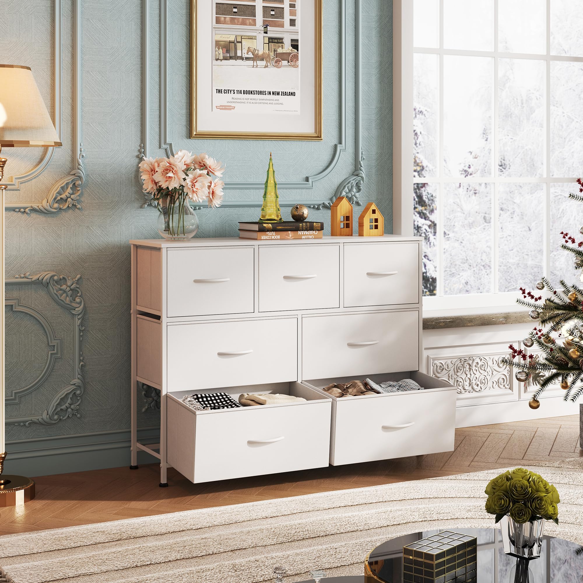 Wlive Dresser With 7 Drawers, Dressers For Bedroom, Fabric Storage Tower, Hallway, Entryway, Closets, Sturdy Steel Frame, Wood Top, Easy Pull Handle, White