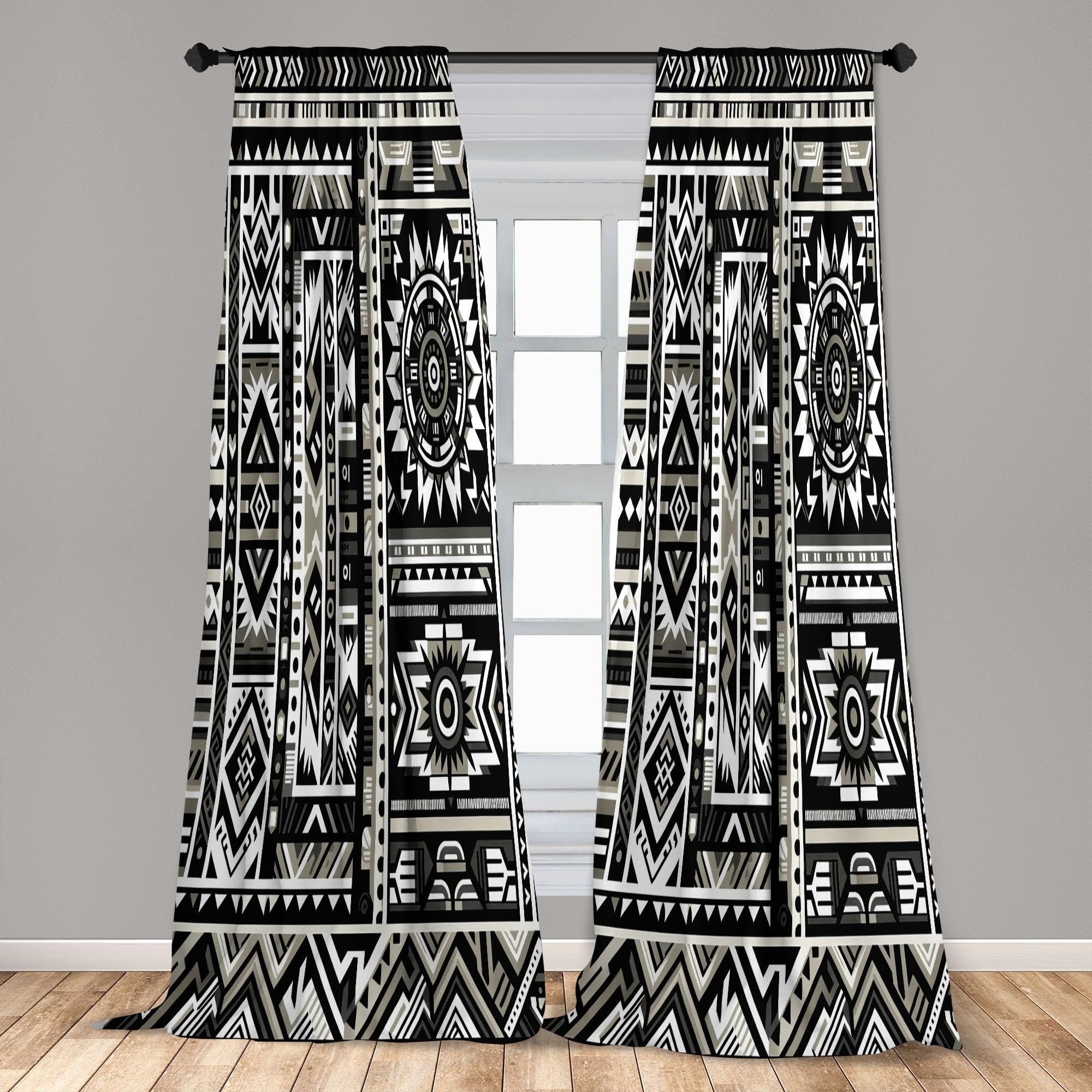 Ambesonne Southwestern Window Curtains, Monochrome Colors Design With Zigzags Arrows And Cultural Motifs, Lightweight Decor 2-Pa