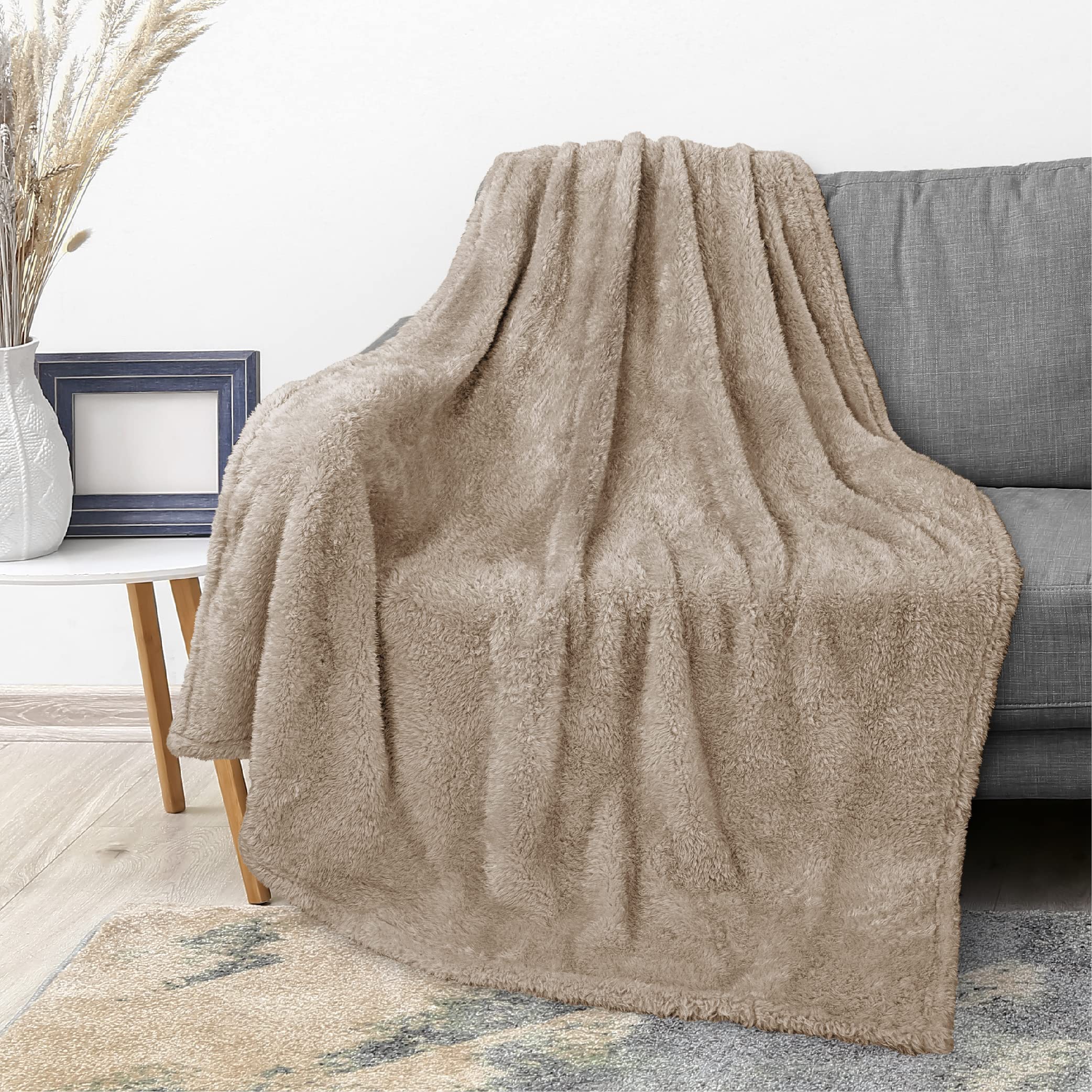 Pavilia Taupe Tan Plush Throw Blanket For Couch, Sherpa Soft Cozy Blanket And Throw For Sofa Bed, Decorative Fur Fuzzy Warm Flee