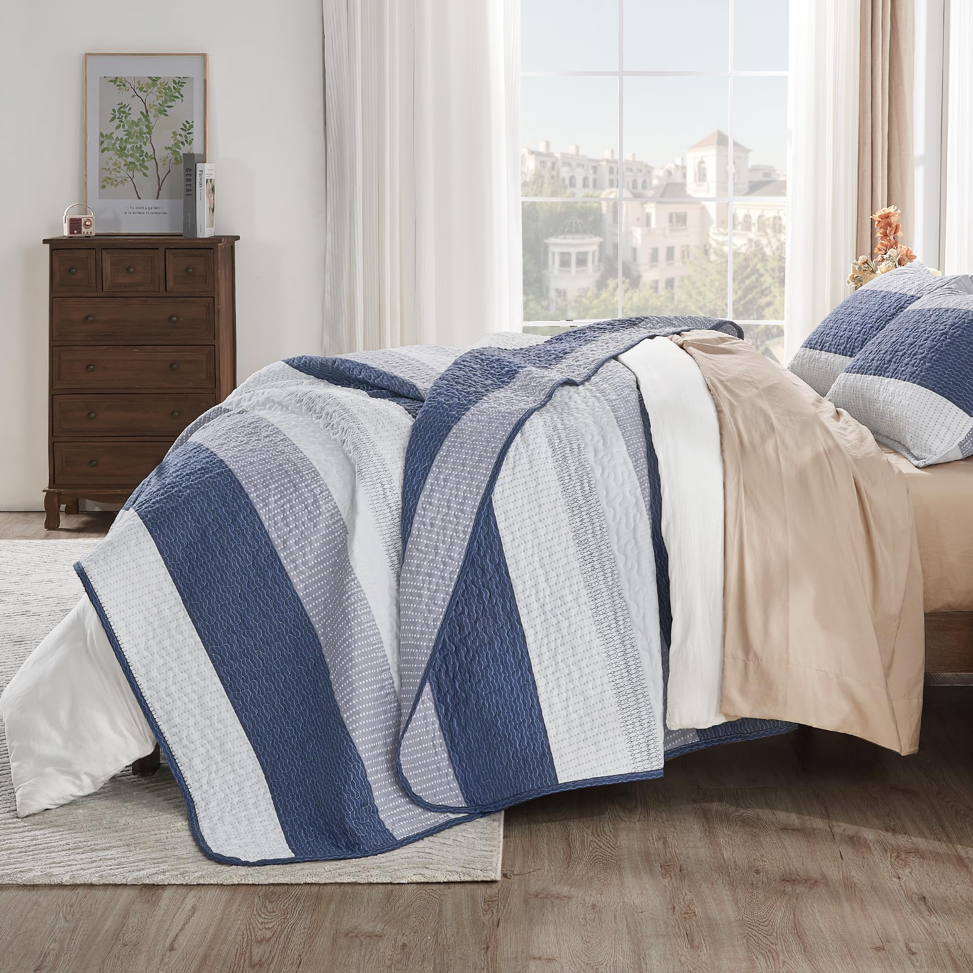 Andency King Size Quilt Set Mineral Blue, 3 Pieces Summer Ultra Soft Lightweight Bedspreads & Coverlets Set, Patchwork Striped Quilted Bedding Sets For All Seasons (1 Quilt, 2 Pillow Shams)