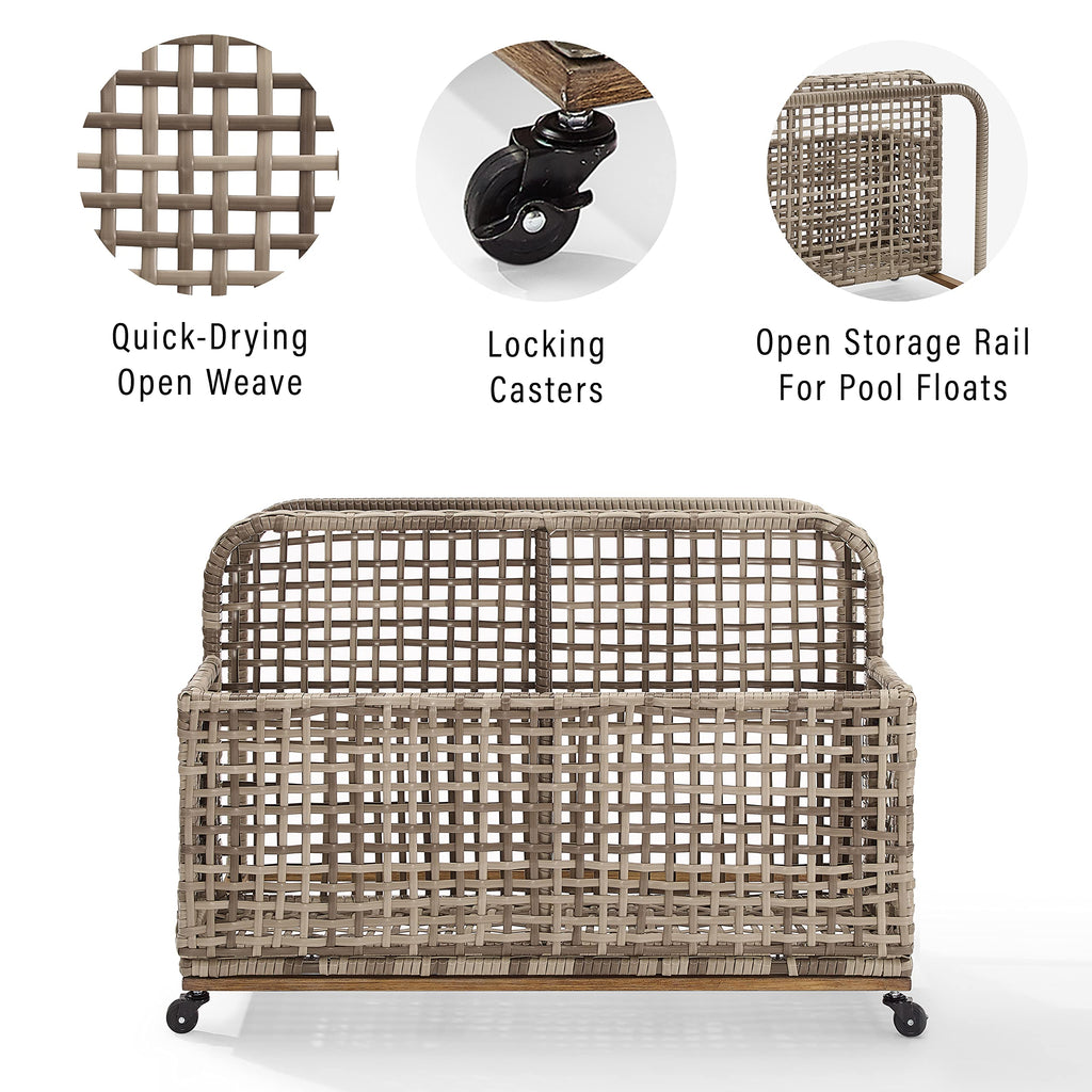 Crosley Furniture Ridley Wicker Outdoor Storage Pool Caddy for Floats, Patio Furniture Cushions, Distressed Gray/Brown