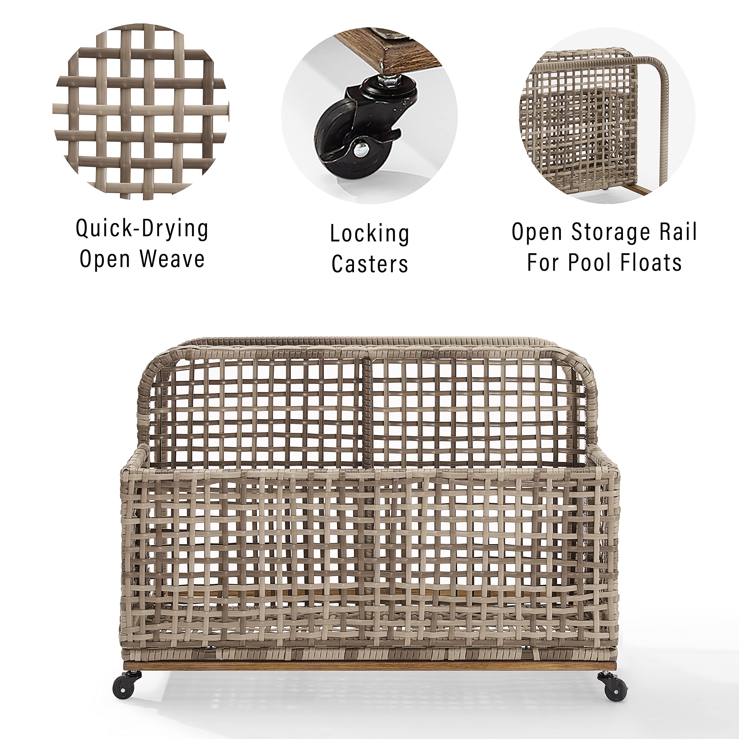 Crosley Furniture Ridley Wicker Outdoor Storage Pool Caddy for Floats, Patio Furniture Cushions, Distressed Gray/Brown