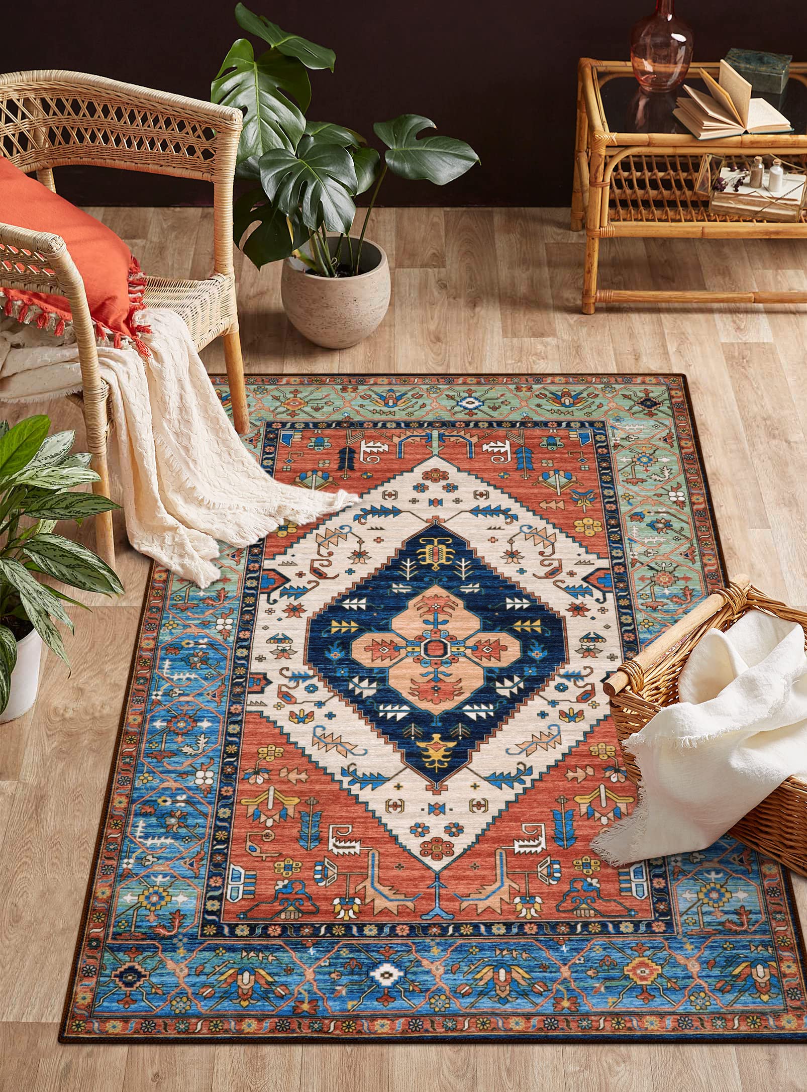 Lahome Boho Bedroom Rugs - 3x5 Area Rug for Living Room Machine Washable Rugs Non-Slip Low-Pile Entryway Kitchen Rug Throw Lagre