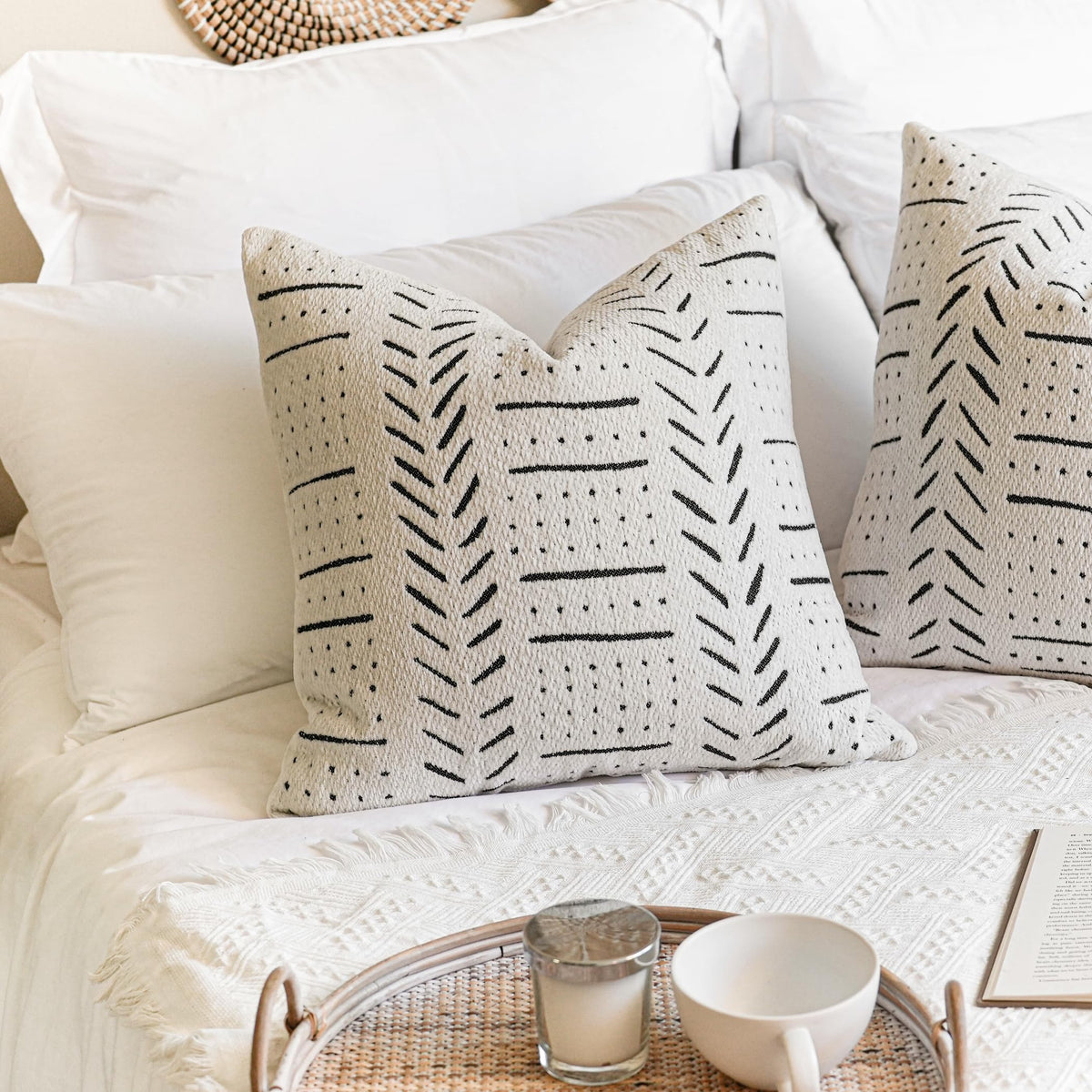 Blissblush Off White Decorative Throw Pillow Covers 18X18, Set Of 2, Boho Farmhouse Square Cushion Cover, Cozy Soft Accent Pillo
