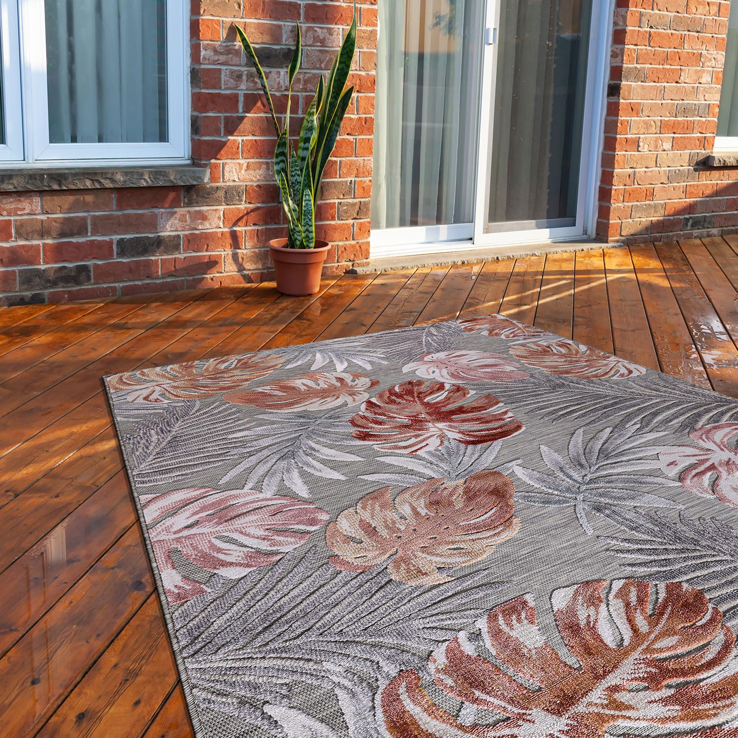 Camilson Indoor/Outdoor Rug, Multi Color 6X9 Leaf Tropical Botanical Area Rugs For Indoor And Outdoor Patios, Easy-Cleaning Non-