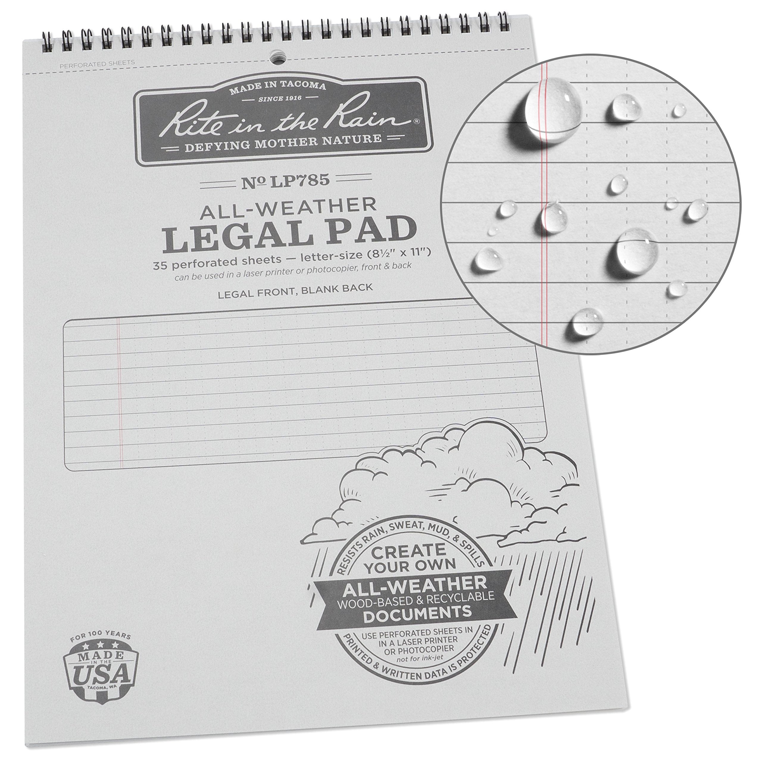 Rite In The Rain Weatherproof Legal Pad, 8.5' X 11', Gray Cover, Legal Pattern (No. Lp785)