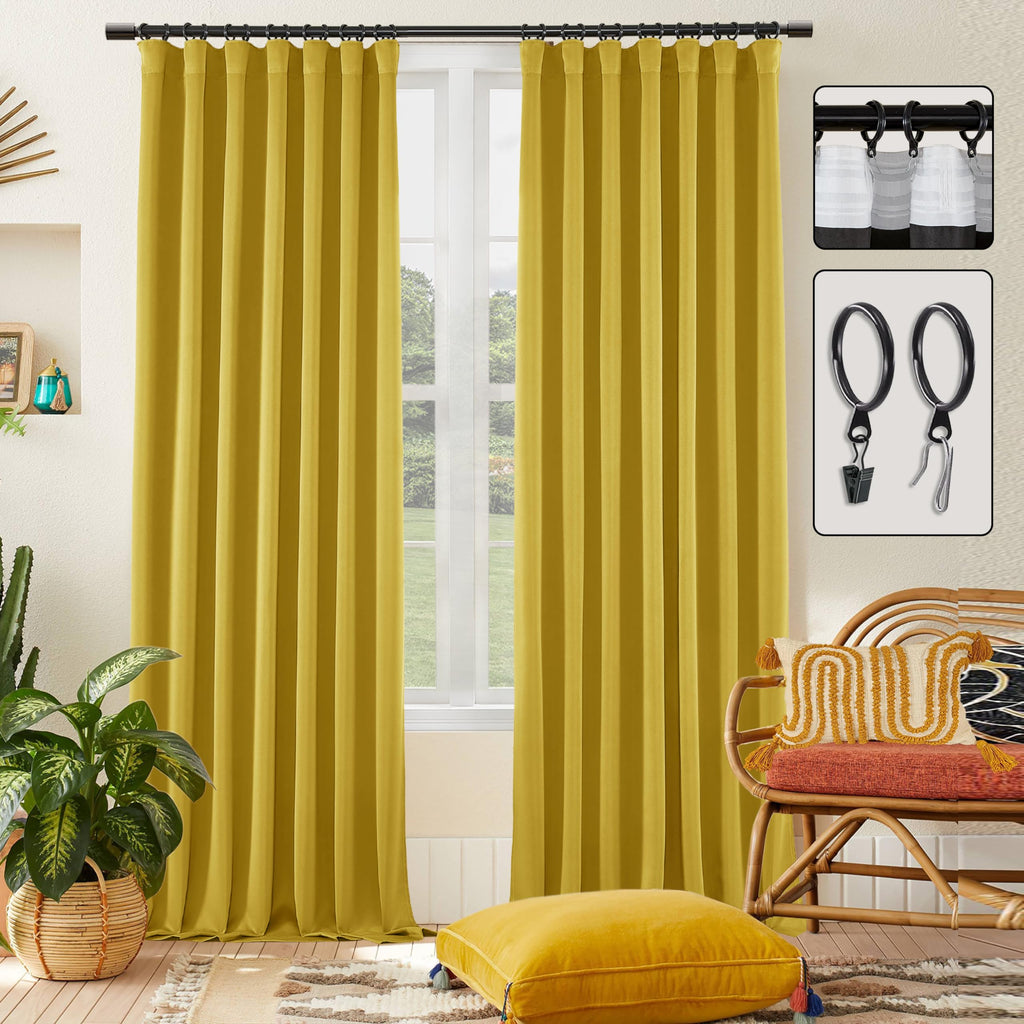Mustard Yellow Boho Blackout Curtains for Living Room 84 Inches Long,Fall Decor Back Tab Black Out Thermal Insulated Light Block