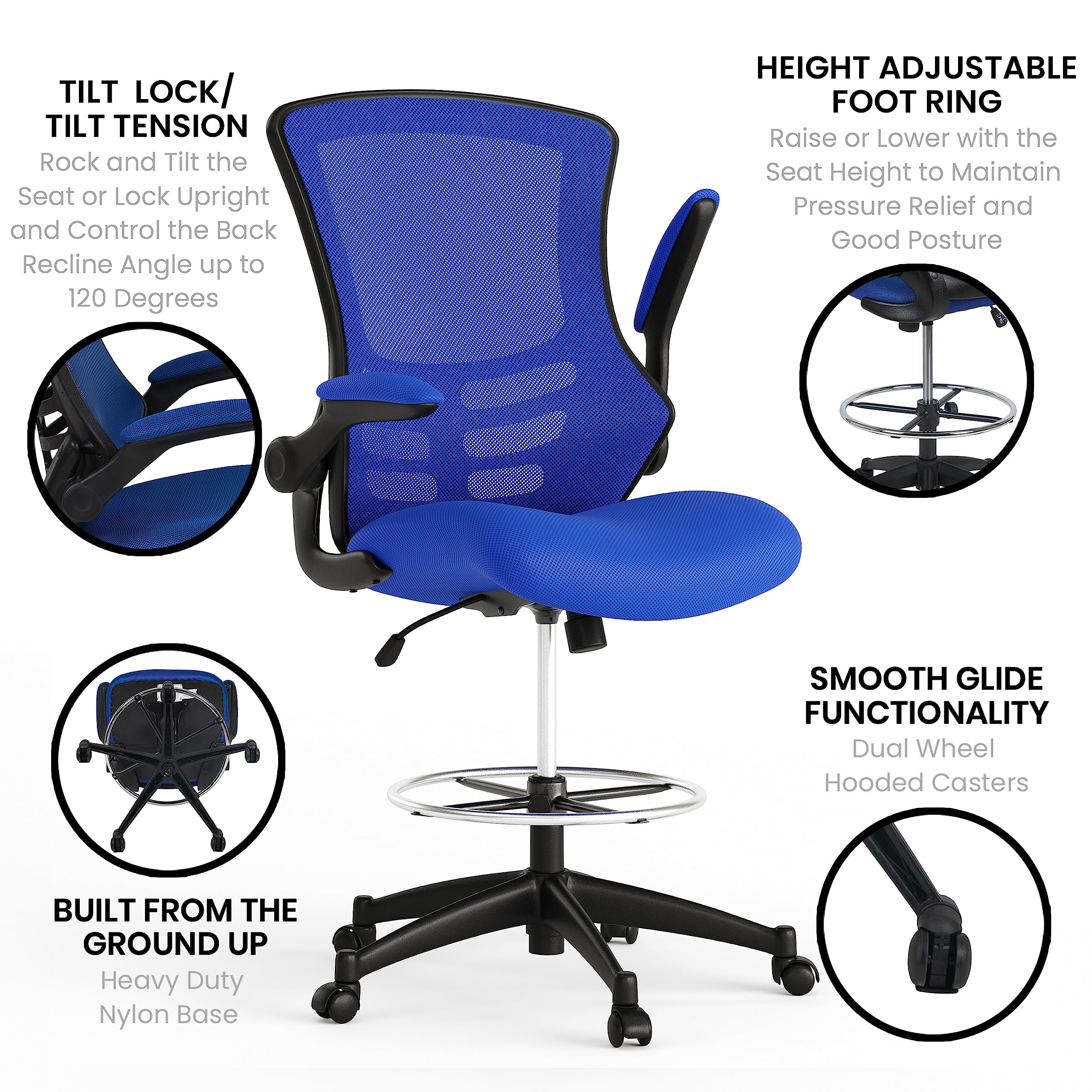 Flash Furniture Kelista Mid-Back Swivel Office Chair with Adjustable Seat Height, Ergonomic Mesh Desk Chair with Flip-Up Armrests, Blue