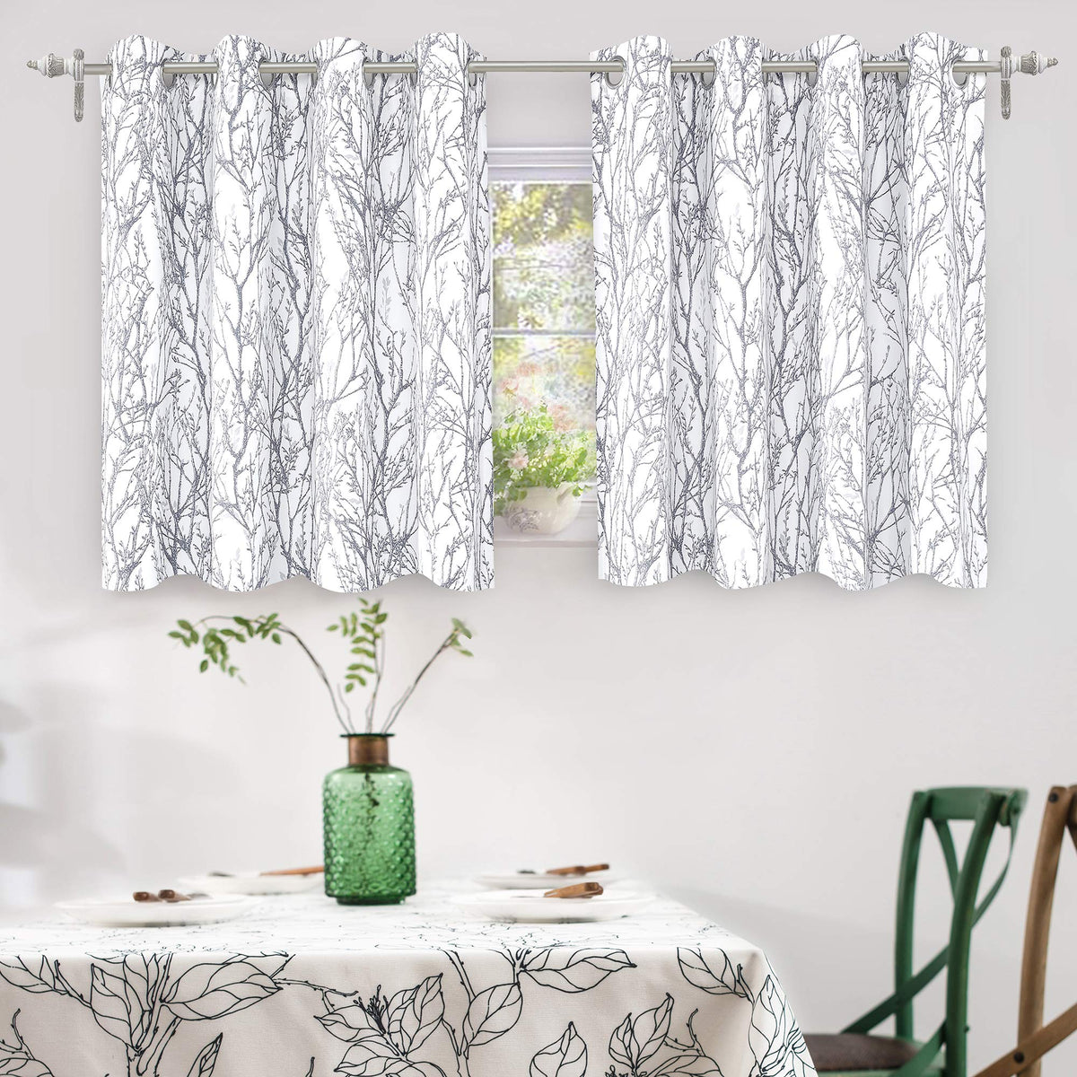 DriftAway Gray White Tree Blackout Curtains for Bedroom 36 Long Grey Branch Lined Window Treatment Thermal Grommet Top Curtain