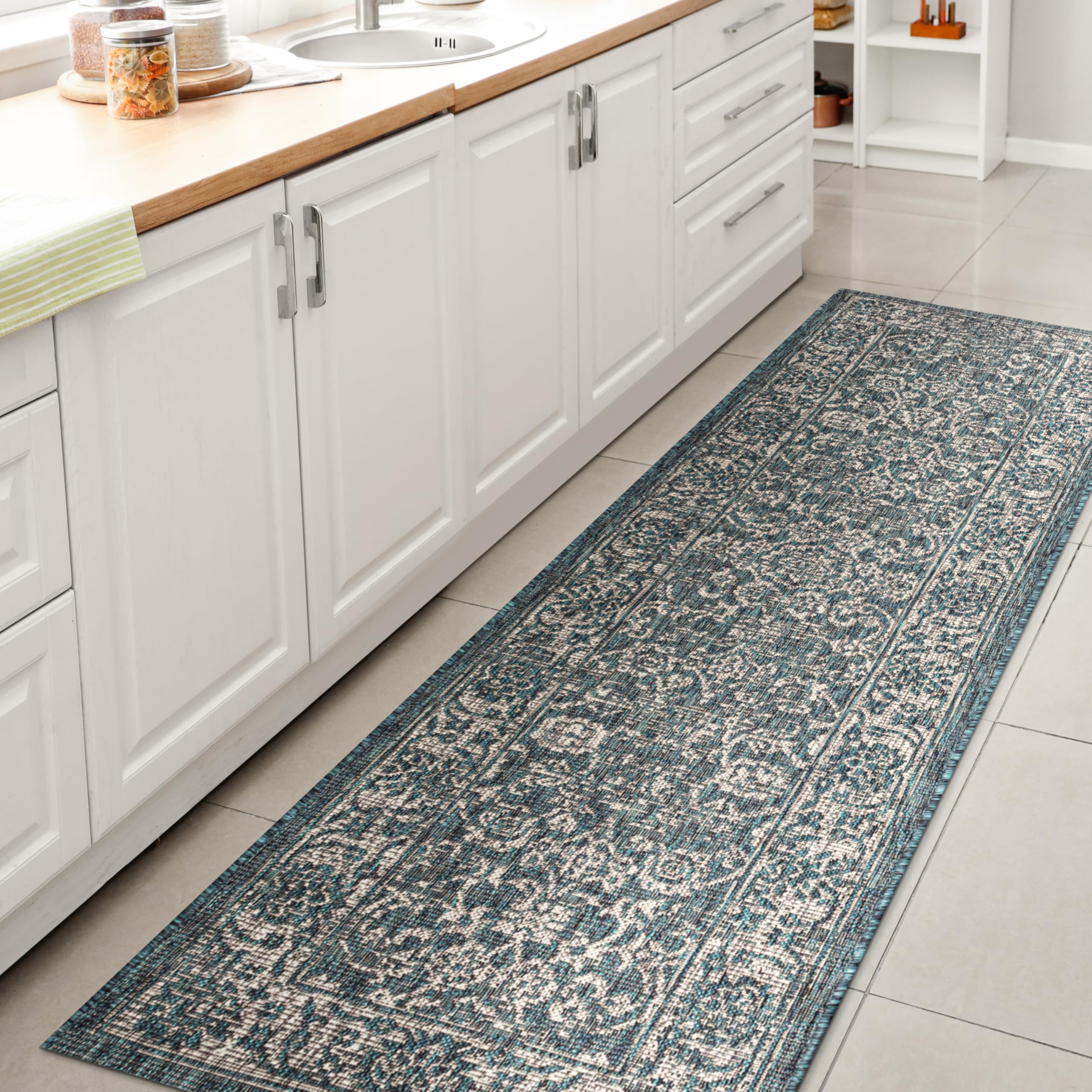 Jonathan Y Smb100C-210 Tela Bohemian Textured Weave Floral Indoor Outdoor Area-Rug Coastal Bohemian Vintage Rustic Glam Easy-Cleaning Bedroom Kitchen Backyard Patio Non Shedding, 2 X 10, Teal/Gray