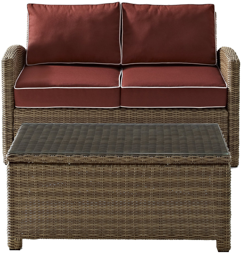 Crosley Furniture Bradenton 2-Piece Wicker Outdoor Coffee Table And Loveseat Patio Furniture Set For Porch, Brown With Sangria Cushions