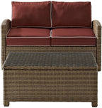 Crosley Furniture Bradenton 2-Piece Wicker Outdoor Coffee Table And Loveseat Patio Furniture Set For Porch, Brown With Sangria Cushions