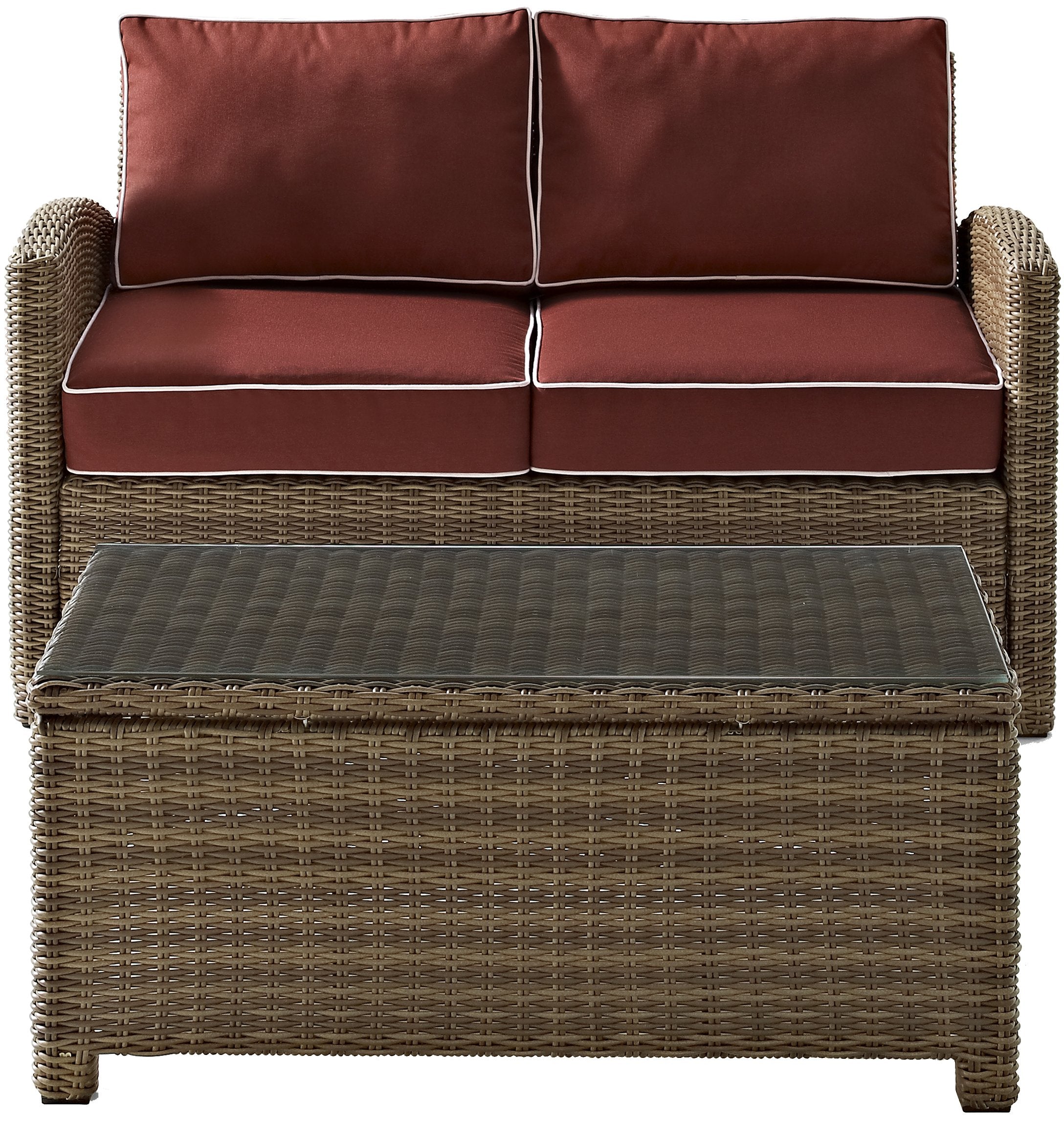 Crosley Furniture Bradenton 2-Piece Wicker Outdoor Coffee Table And Loveseat Patio Furniture Set For Porch, Brown With Sangria Cushions
