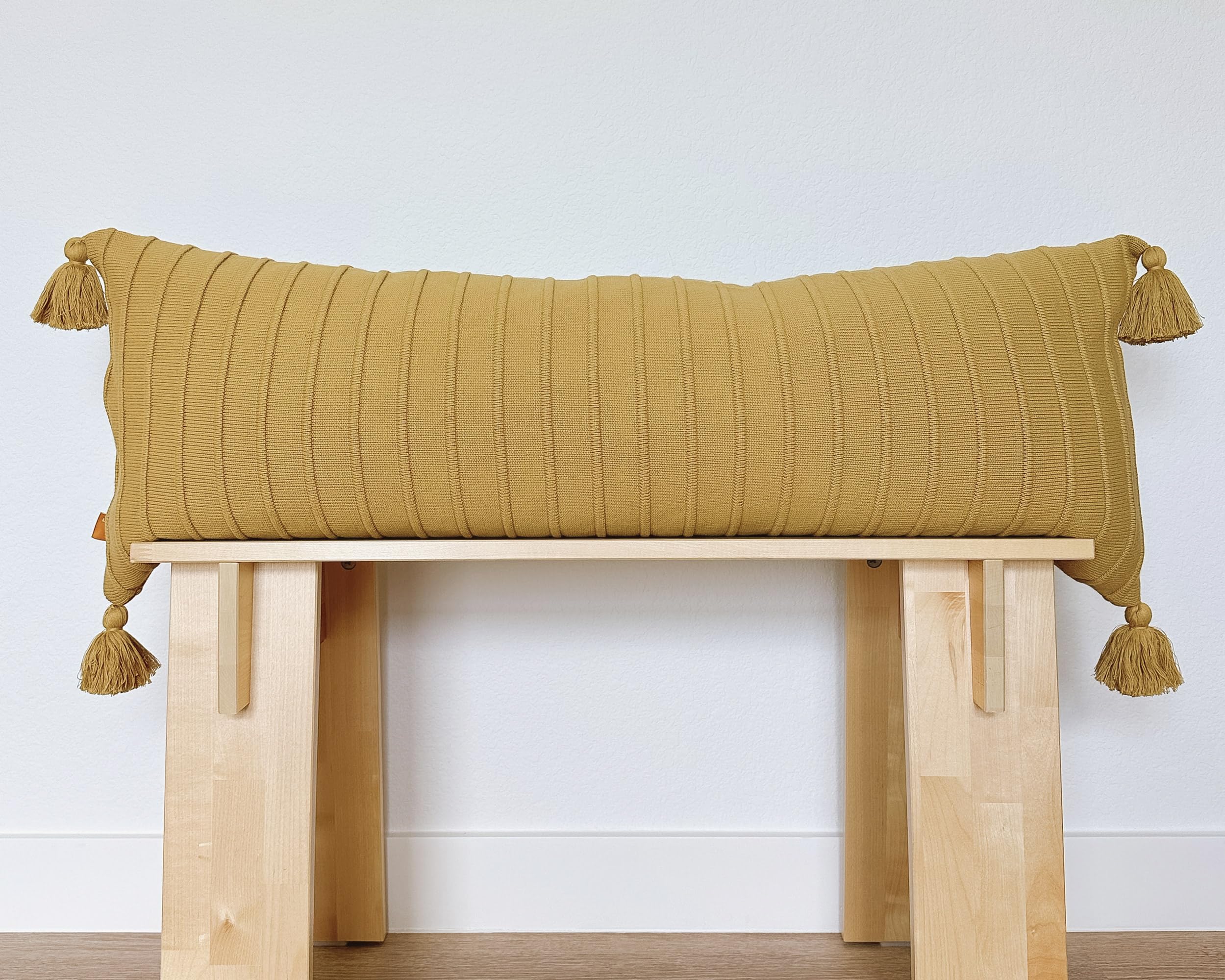 Lumi Living 100% Soft Cotton Raised Stripes Textured Rib Knit Lumbar Throw Pillow Cover With Tassels 14X36 (Muted Mustard Yellow