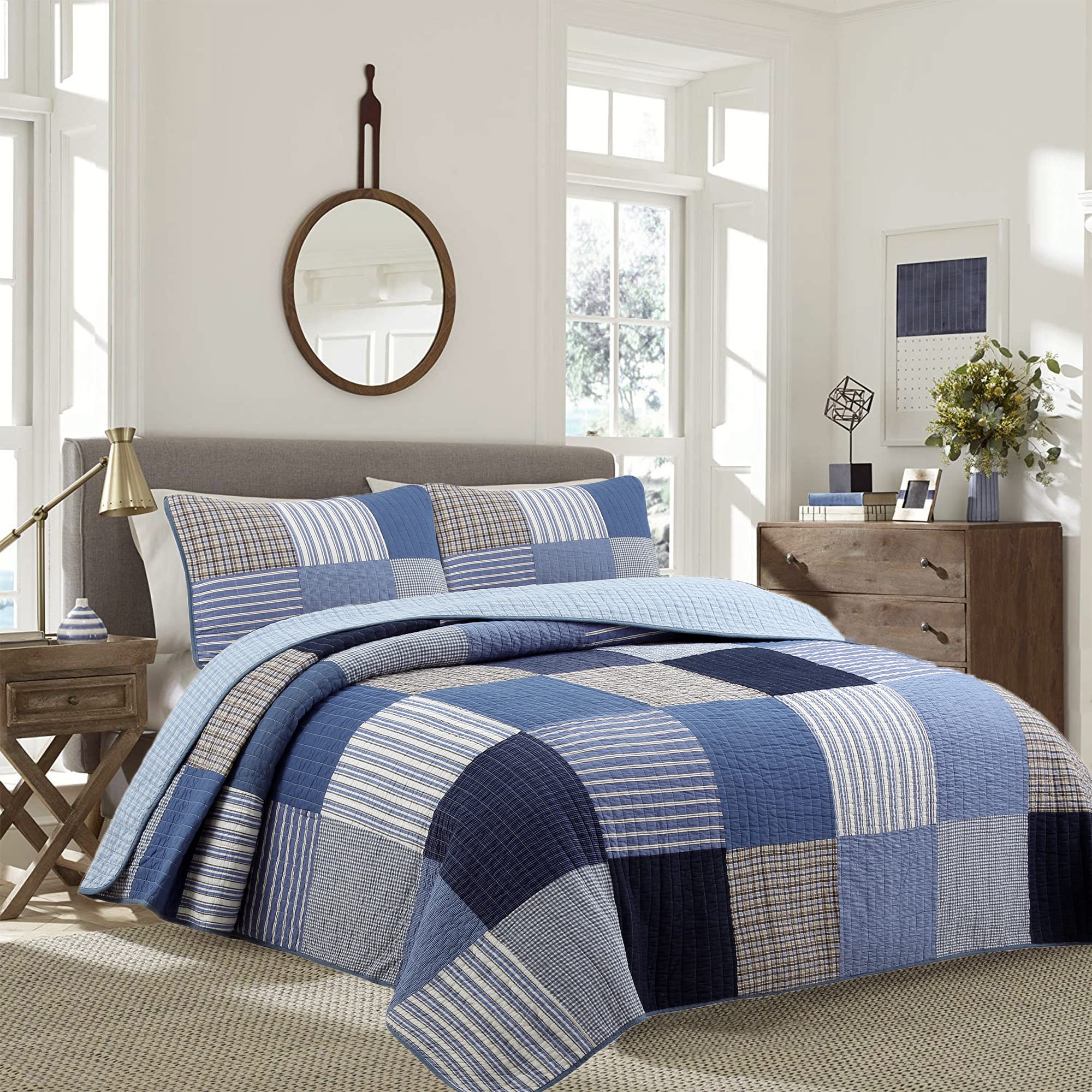 Cozy Line Home Fashions Navy Blue Brown Tan Plaid Striped 100% Cotton Reversible Quilt Bedding Set, All-Season Coverlet Bedsprea