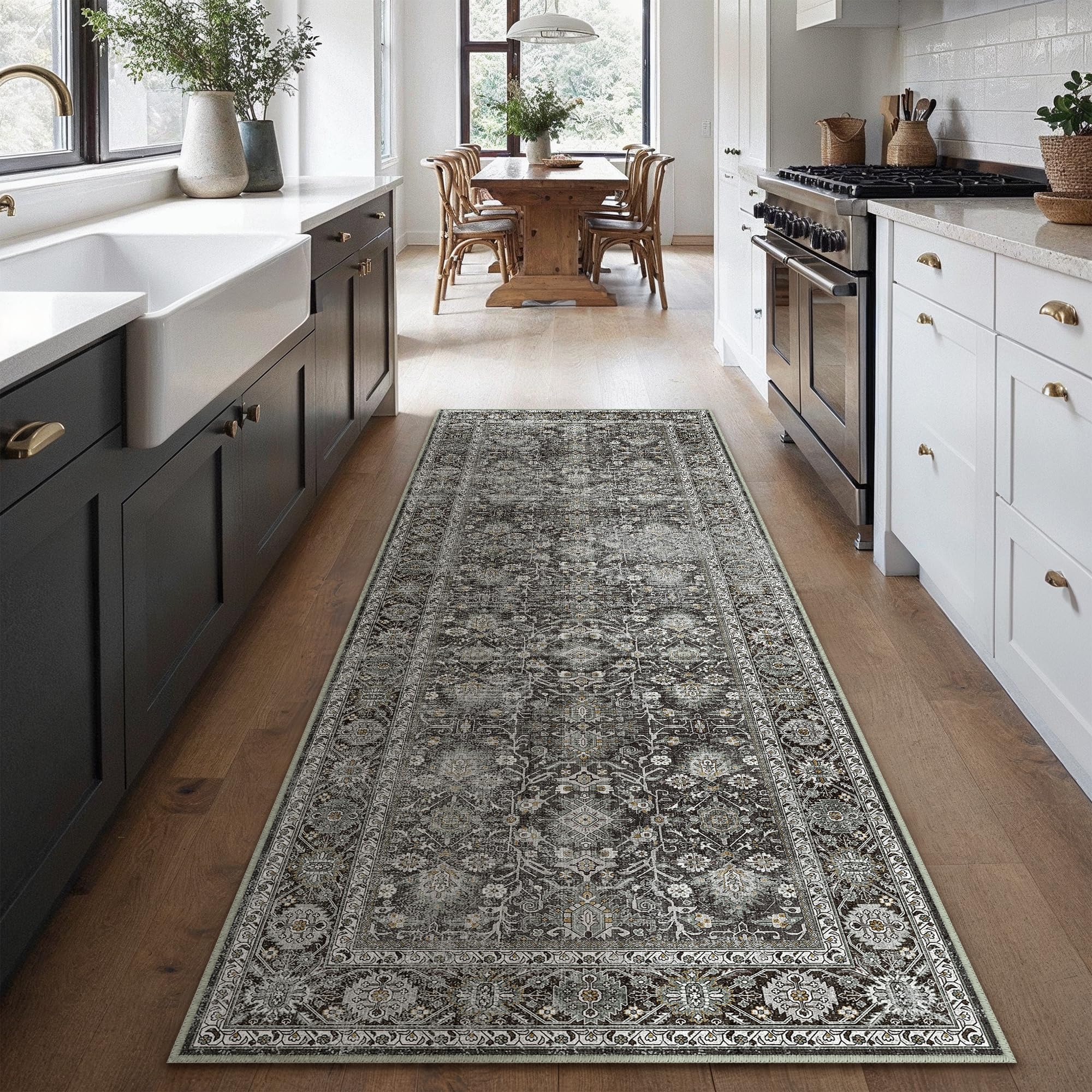 PureCozy Black Runner Rug 2x7 Vintage Area Carpet Hallway Long Indoor Kitchen Washable Living Room Low Pile Traditional Distress