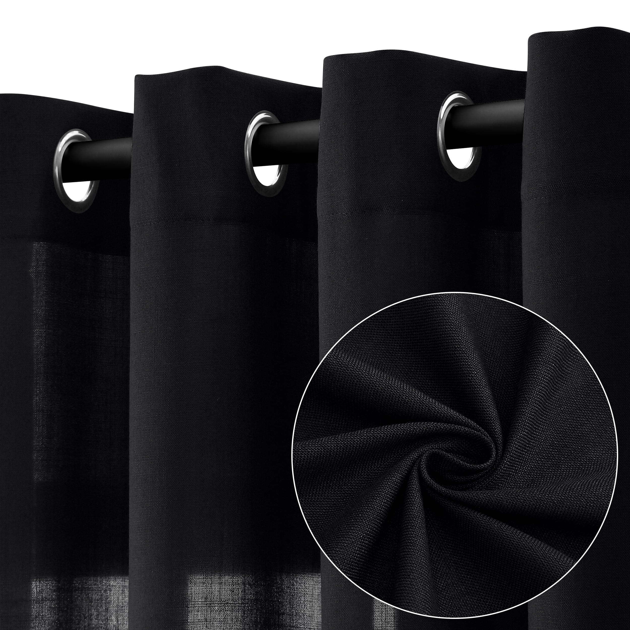 Jowels Black Linen Curtains 96 Inch Length 2 Panels For Living Room Bedroom, Light Filtering Sheer Curtains 96 Inches, Modern Gr