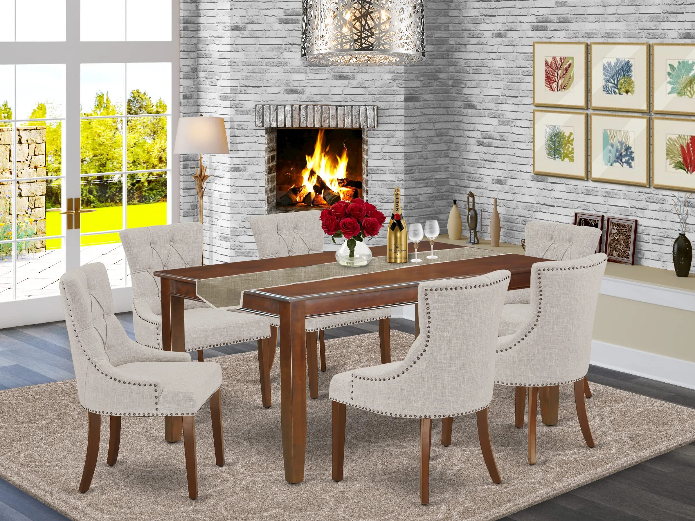 East West Furniture Dufr7-Mah-05 7 Piece Kitchen Table Set Consist Of A Rectangle Dining Table And 6 Doeskin Linen Fabric Parson Dining Room Chairs, 36X60 Inch, Mahogany