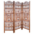 TUP The Urban Port Handcrafted 3 Panel Mango Wood Screen with Cutout Filigree Carvings, Brown