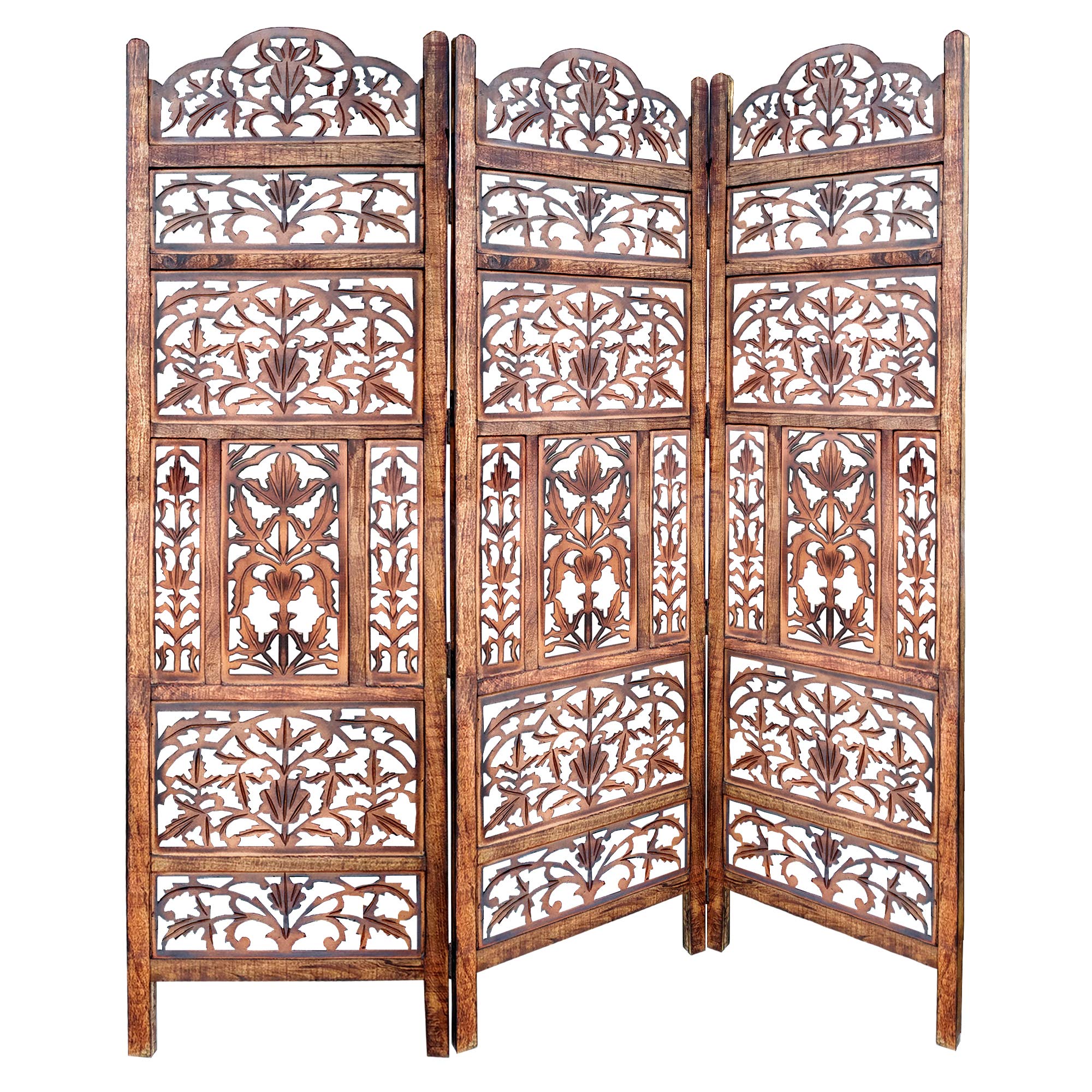 TUP The Urban Port Handcrafted 3 Panel Mango Wood Screen with Cutout Filigree Carvings, Brown