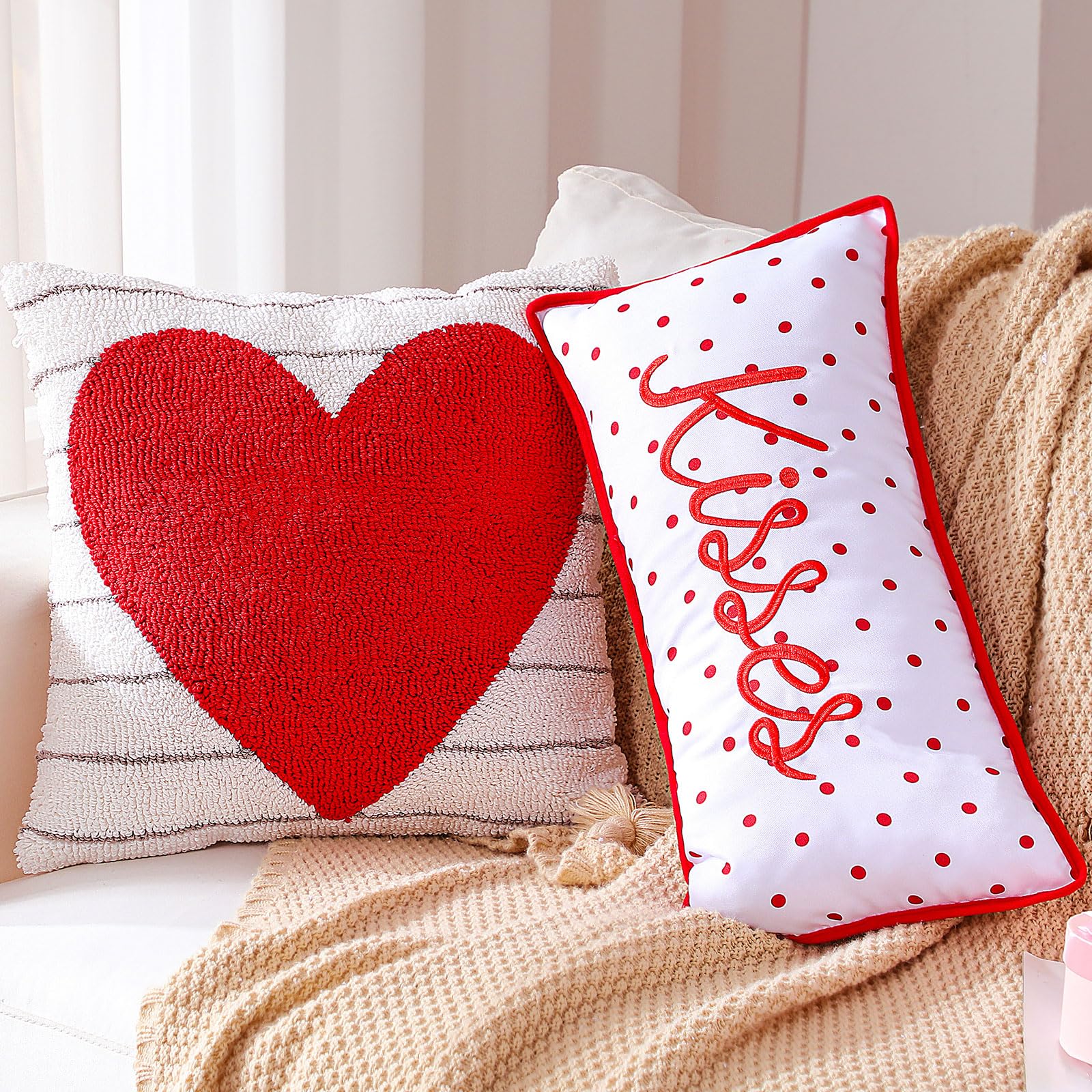 AceOrbit 2 Pcs Valentines Throw Pillows Embroidered Cushion Pillow Red Heart Stripe and Kisses Dot Petite Print Valentines Decor