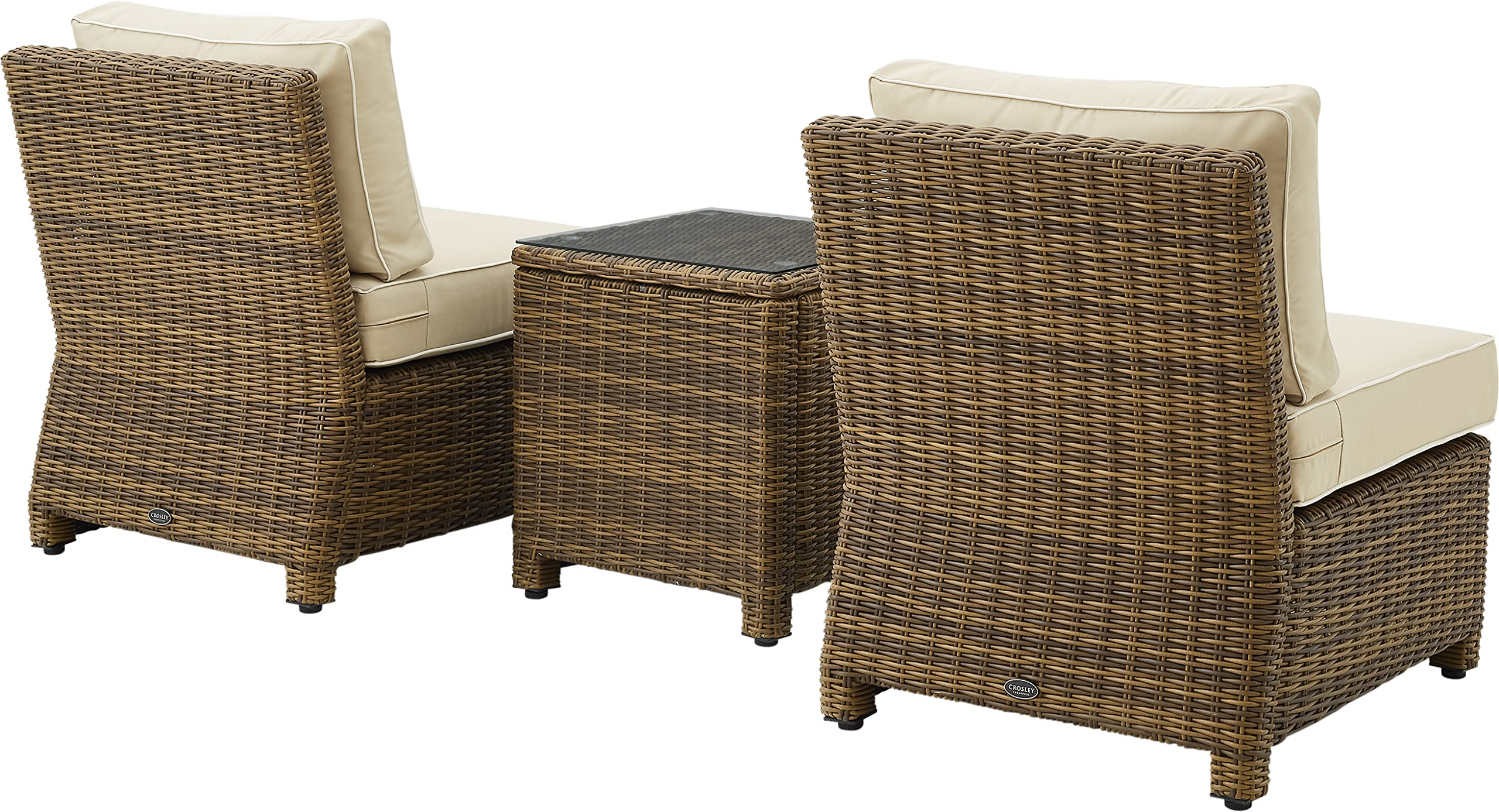 Crosley Furniture Bradenton 3-Piece Outdoor Chair and Side Table Set, Wicker Patio Conversation Sets, Brown with Sand Cushions
