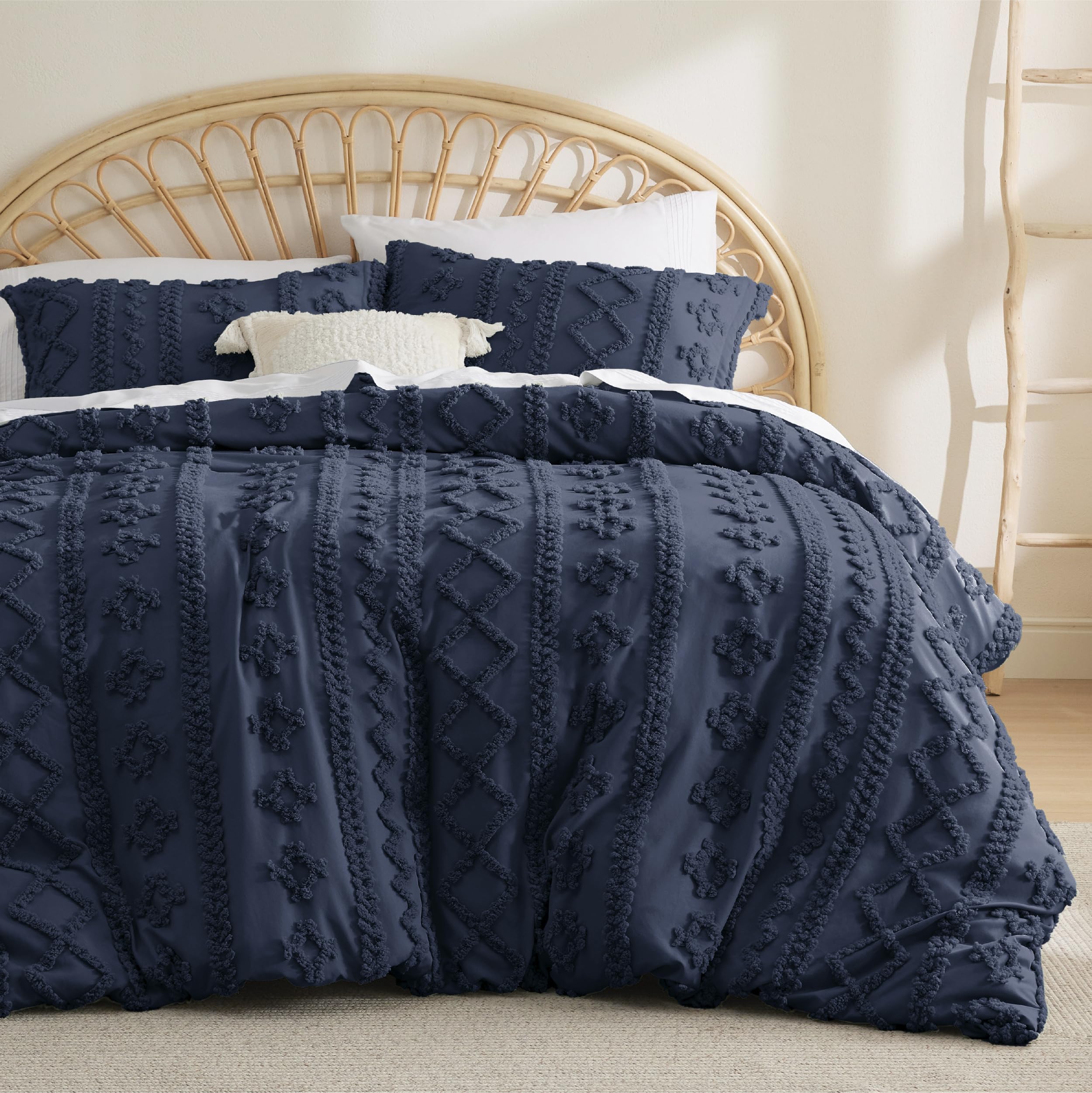 Bedsure Boho Duvet Cover Queen Size - Tufted Duvet Cover Queen Set For All Seasons, 3 Pieces Soft Shabby Chic Embroidery Boho Bedding, Comforter Not Included (Navy, 90' X 90')