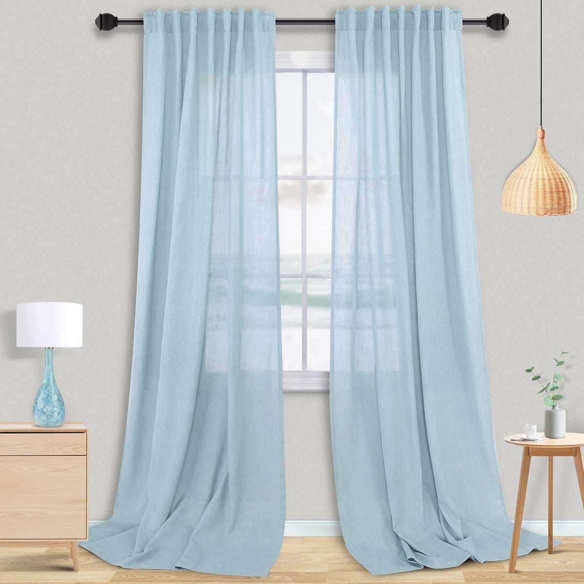 Light Blue Back Tab Linen Textured Curtains 120 Inch Length For Living Room Bedroom, 10Ft Tall Extra Long Sky Baby Blue Semi She